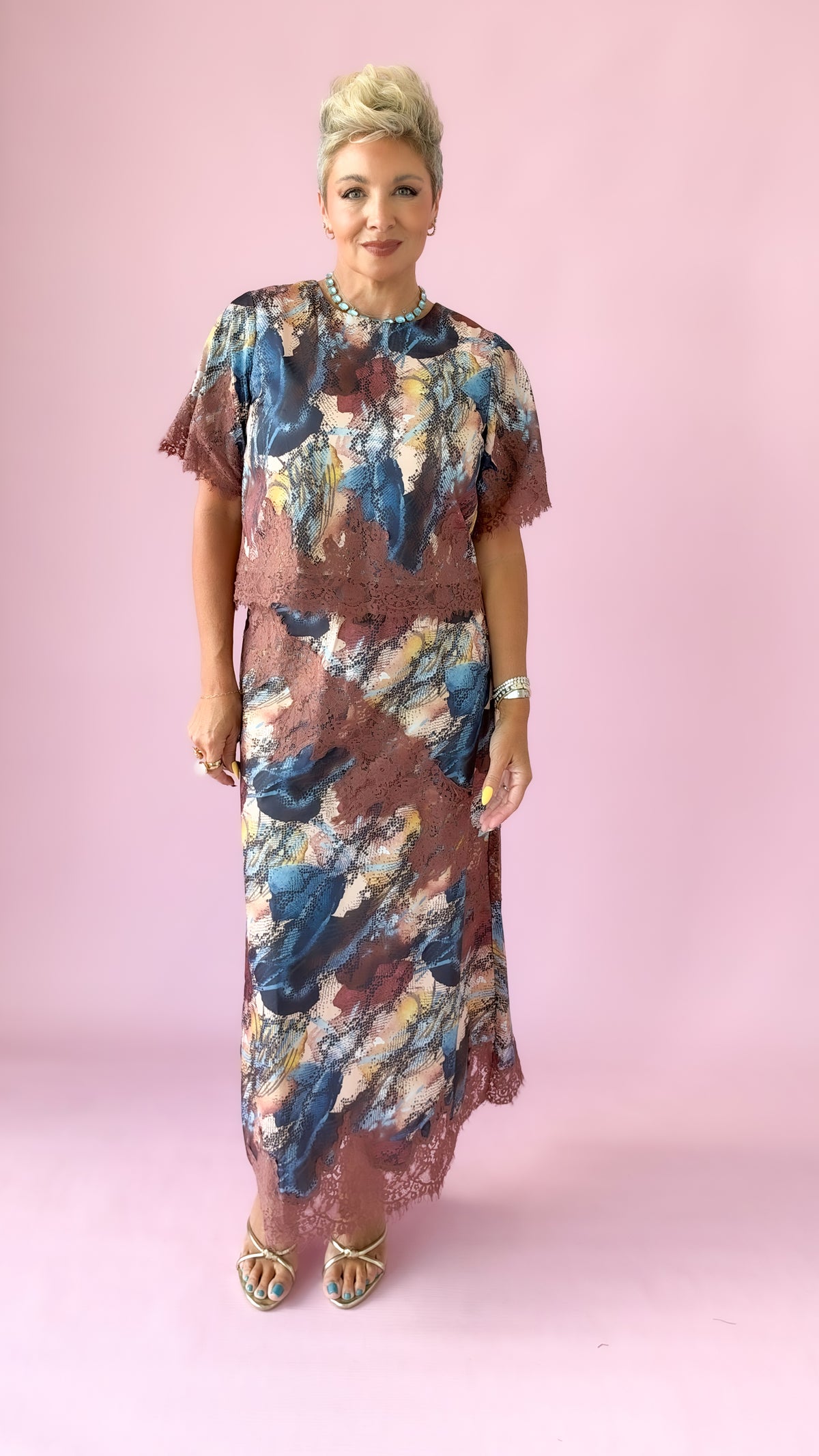 Multi Print Lace Trim Satin Skirt