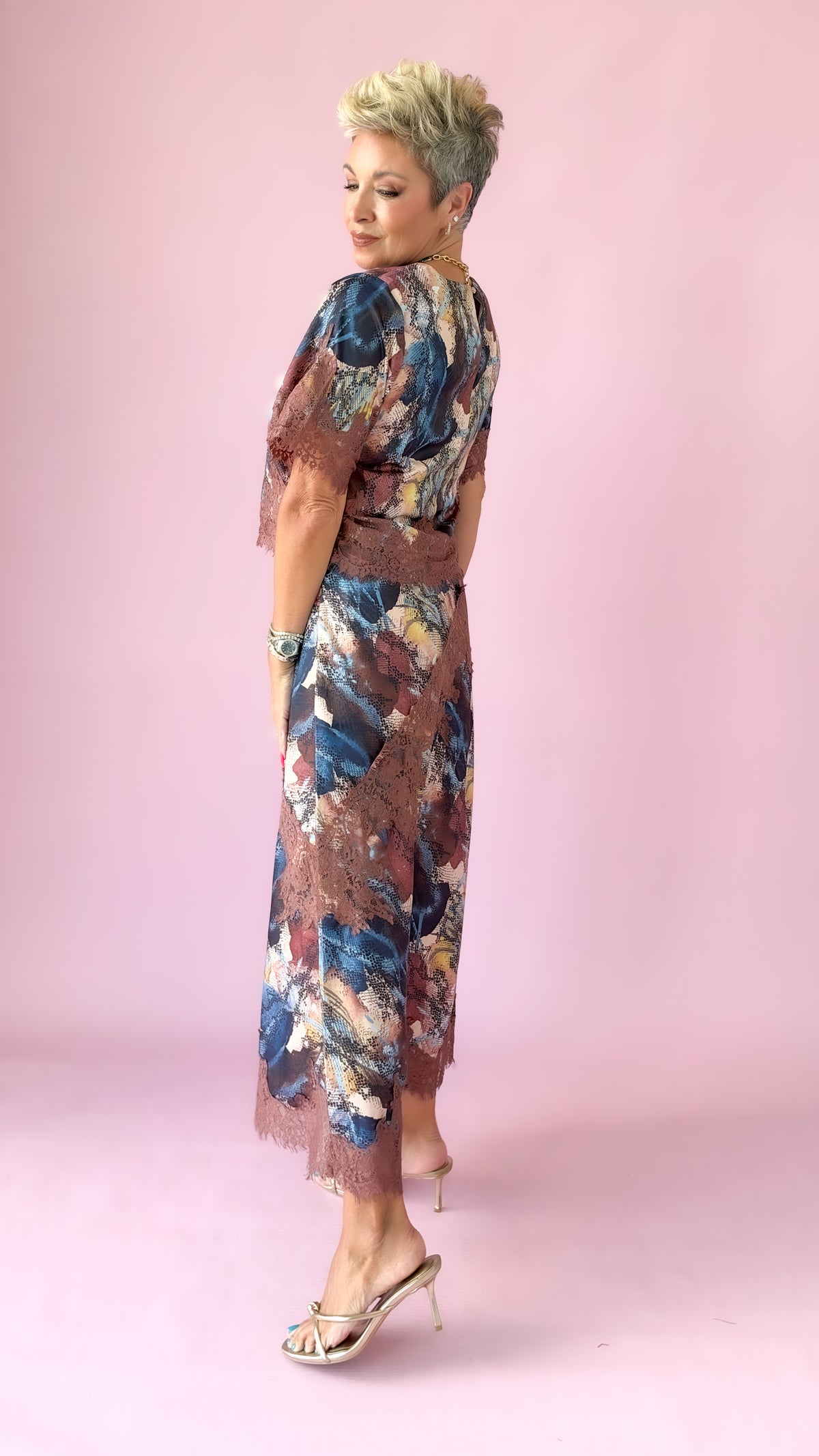 Multi Print Lace Trim Satin Skirt