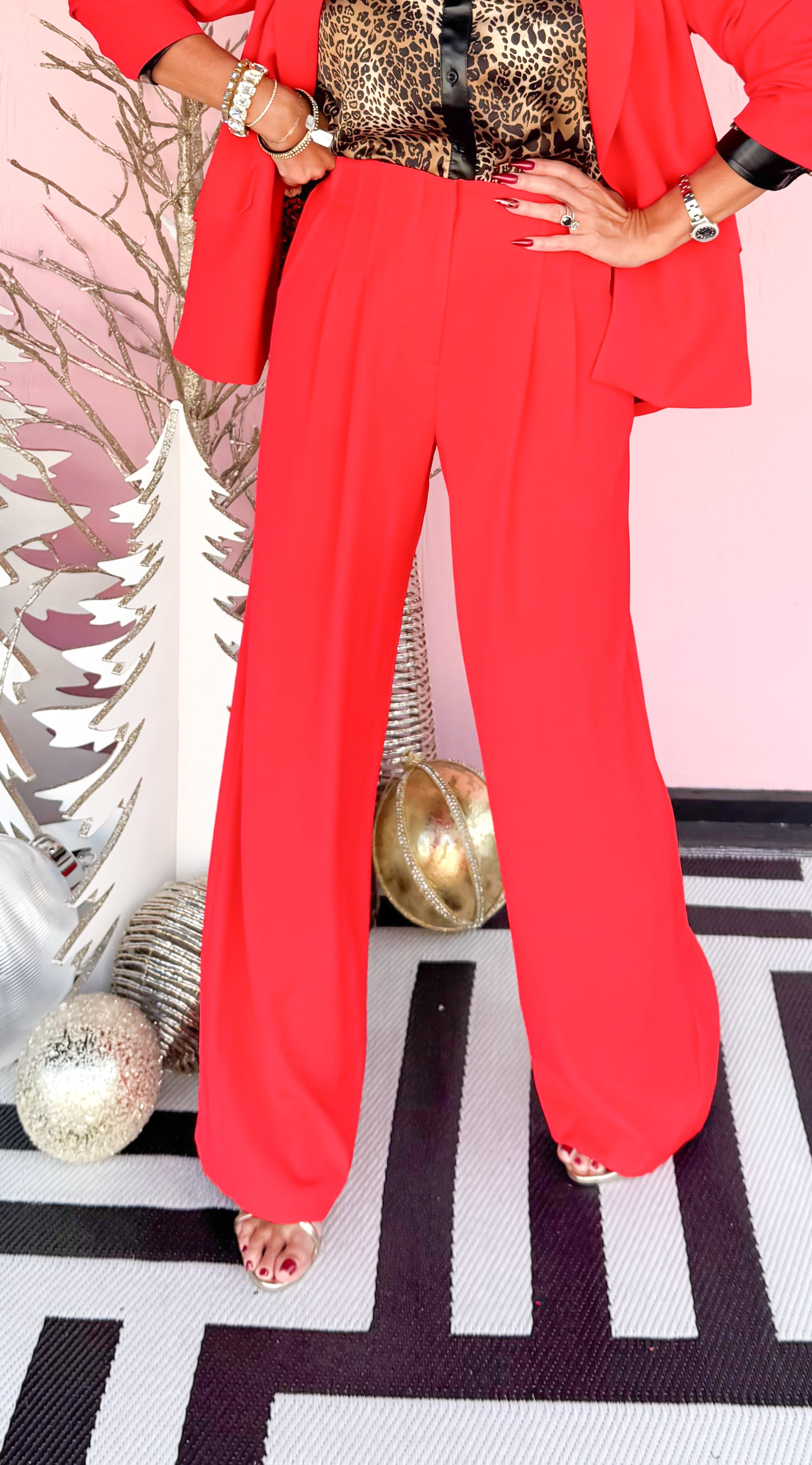 Wide Leg Pants with Pleats/Red