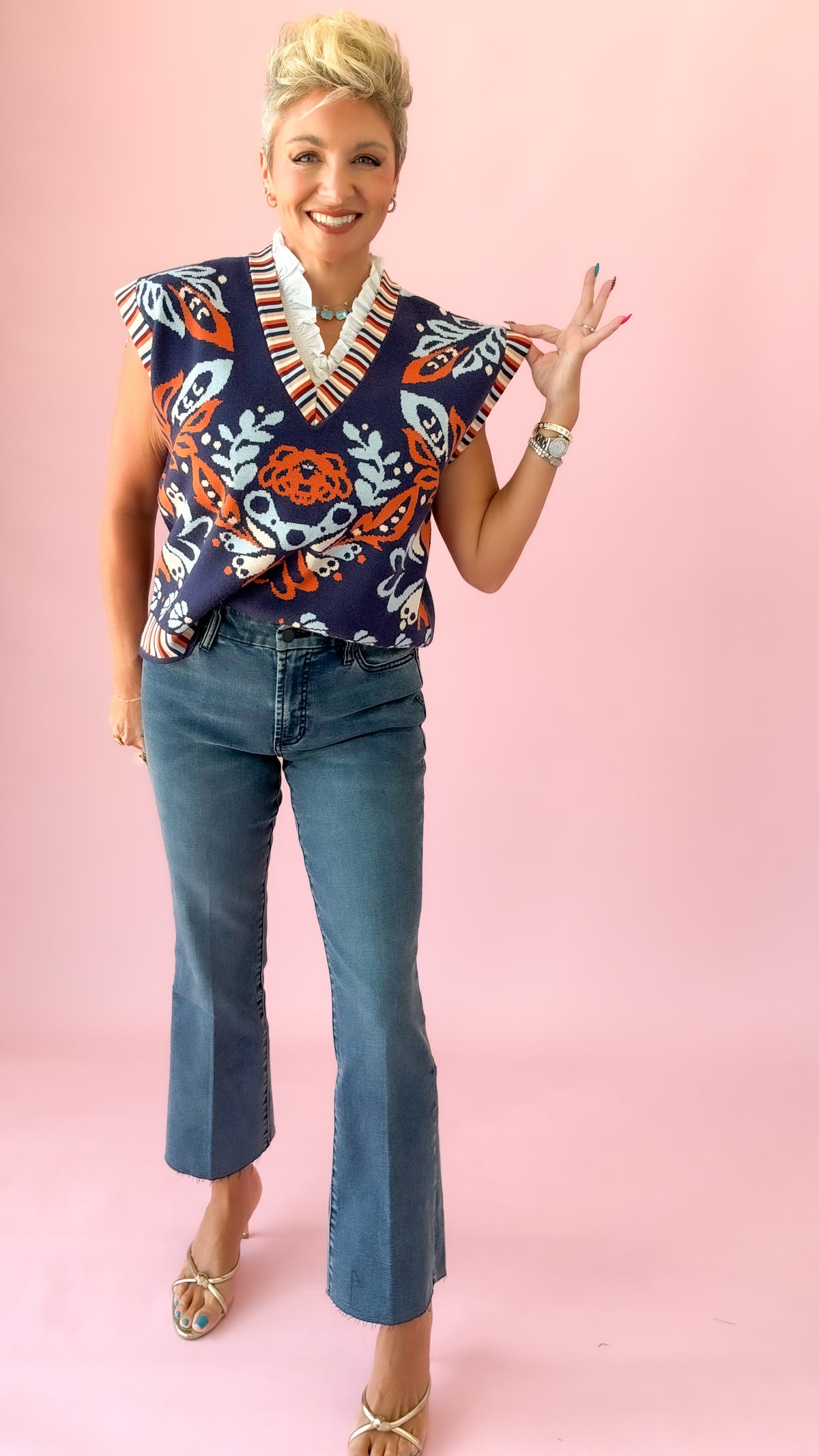 Flower Print Striped Vest/Blue