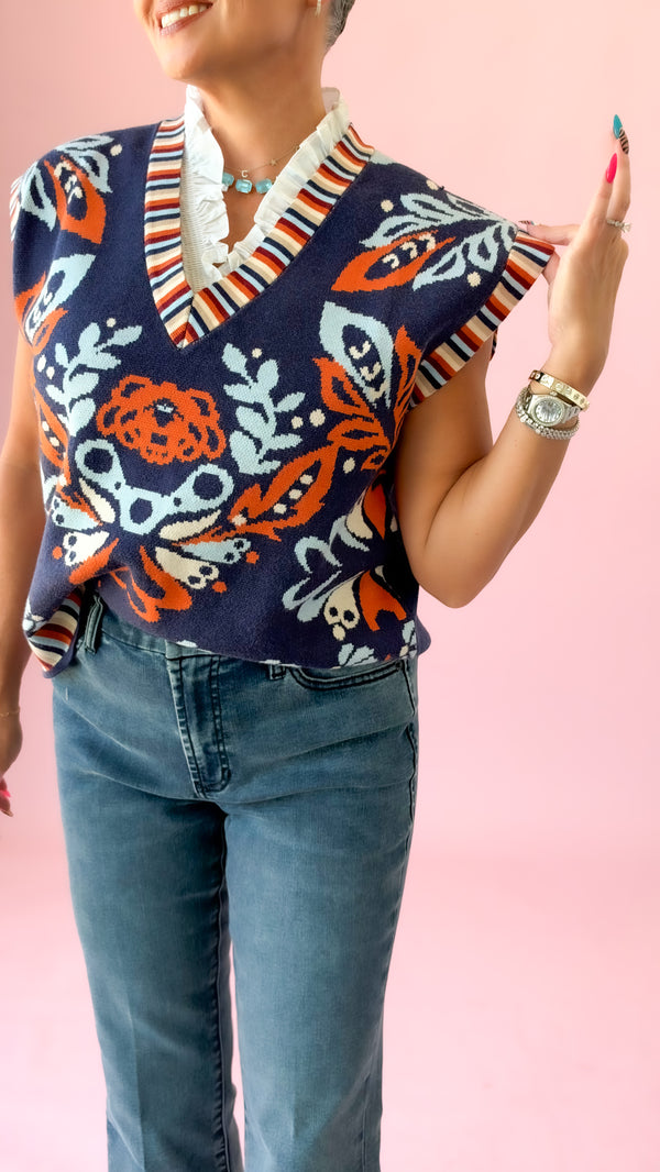 Flower Print Striped Vest/Blue