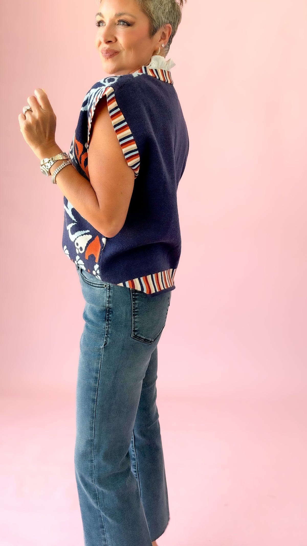 Flower Print Striped Vest/Blue