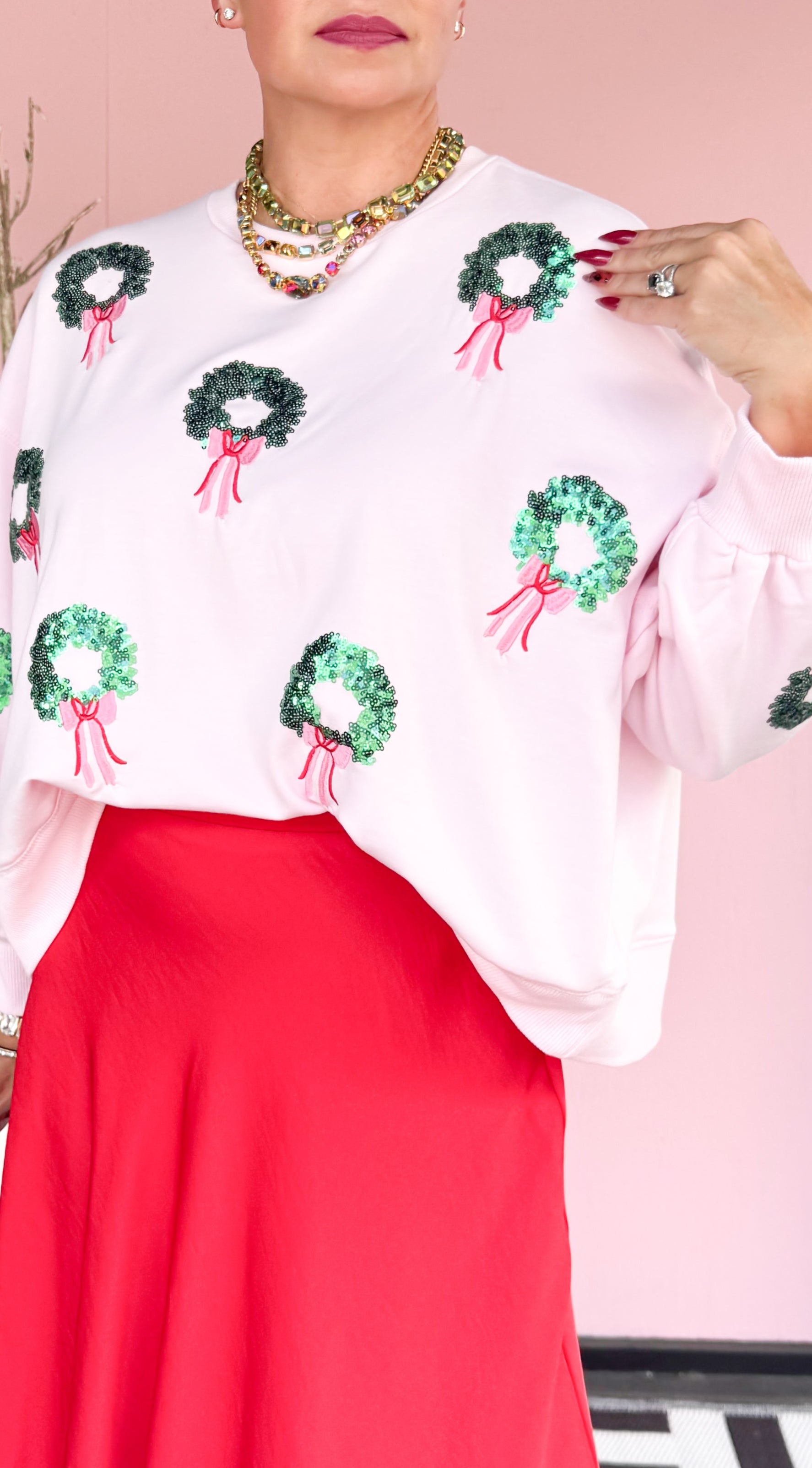 Sequin Wreath Sweatshirt/Pink