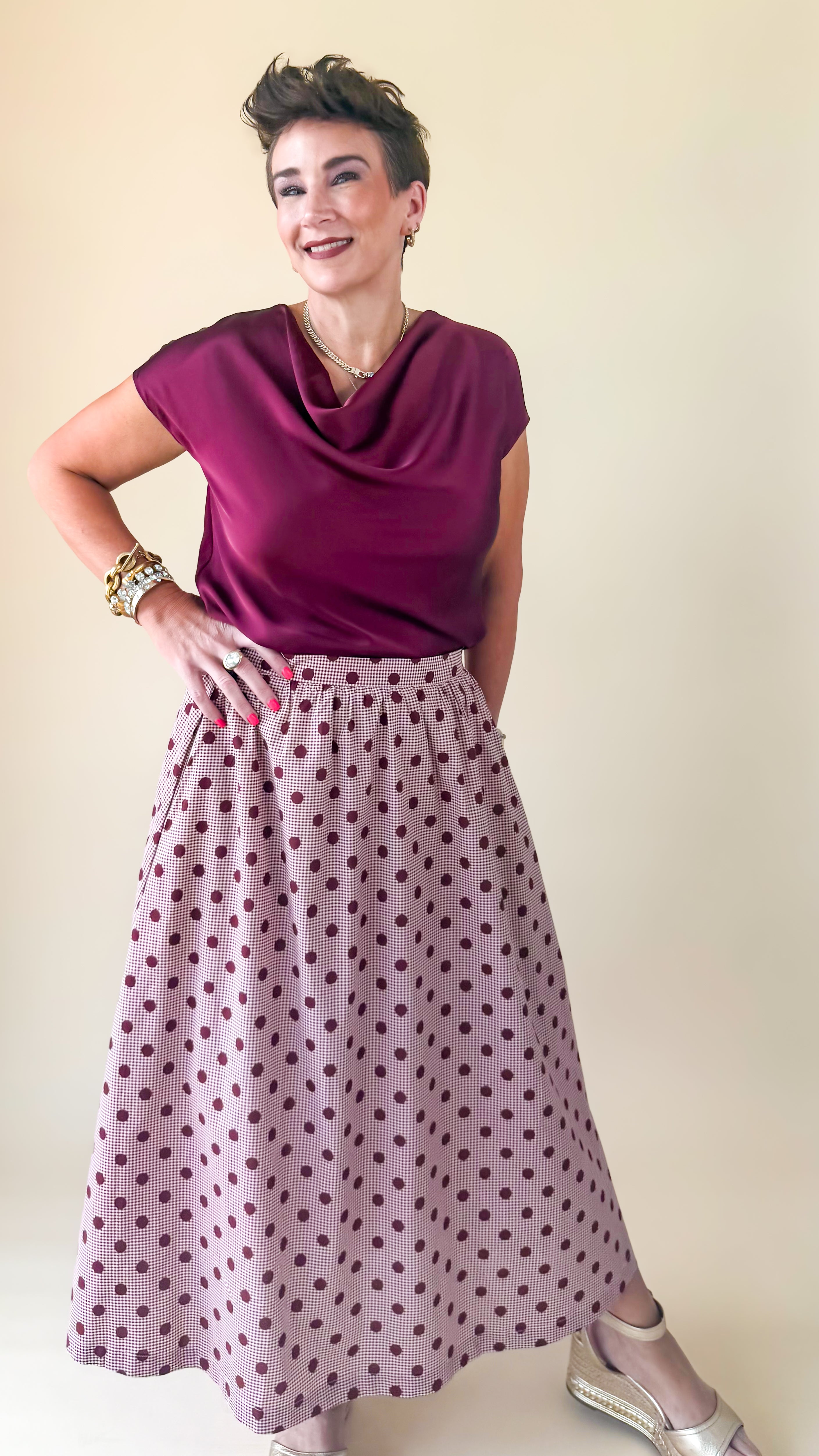Cowl Neck Mixed Media Top/Merlot