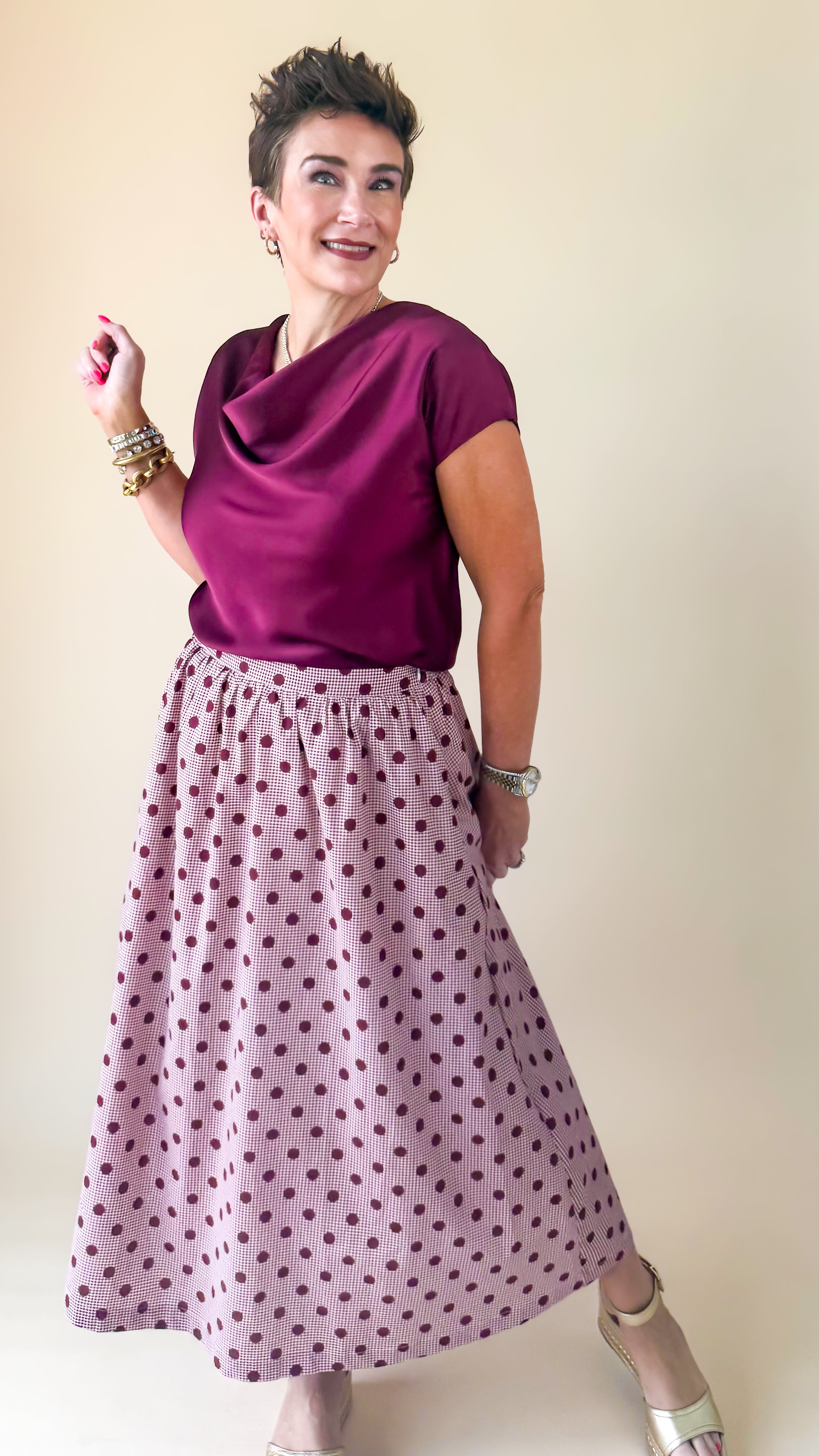 Cowl Neck Mixed Media Top/Merlot