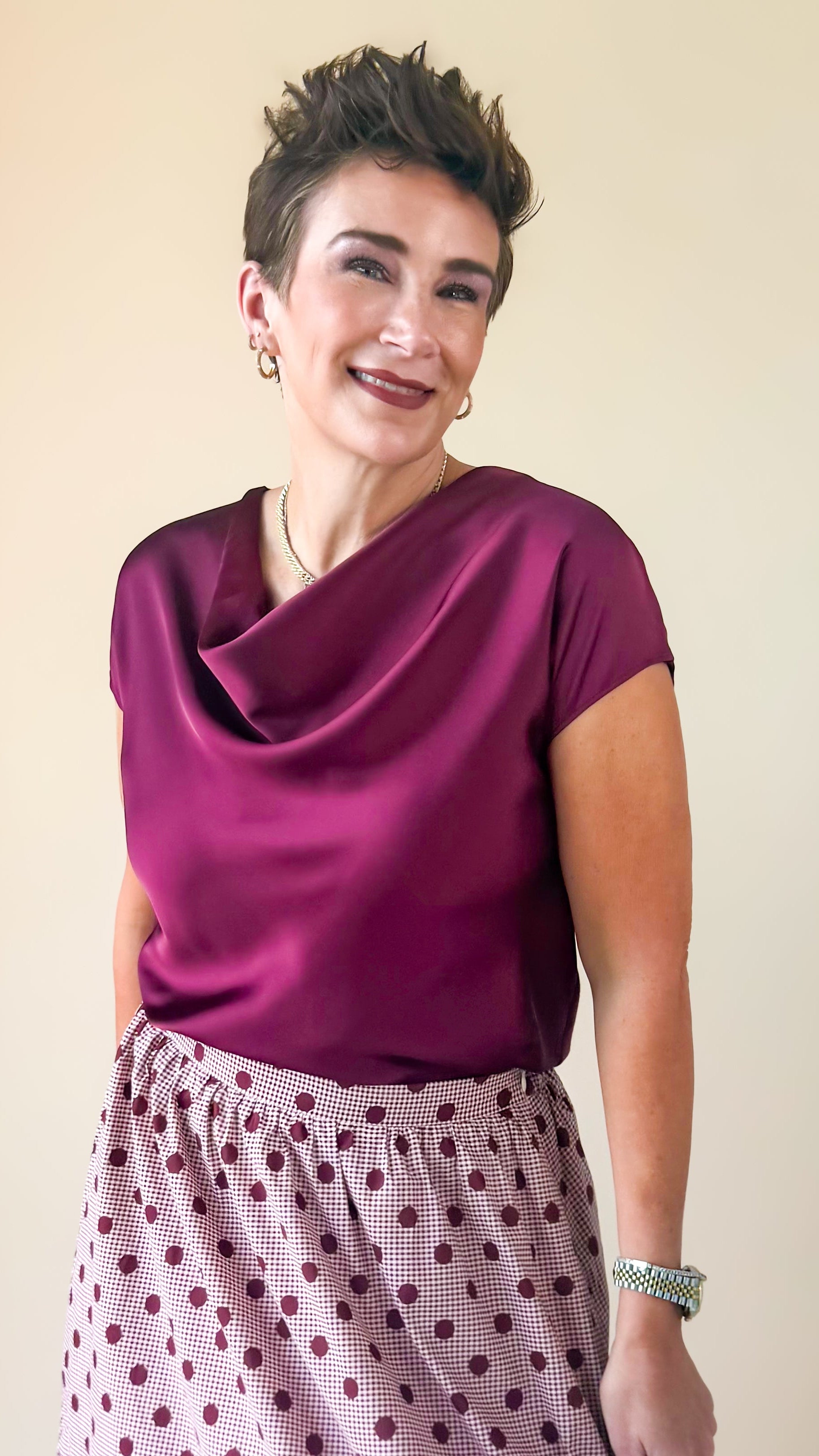 Cowl Neck Mixed Media Top/Merlot
