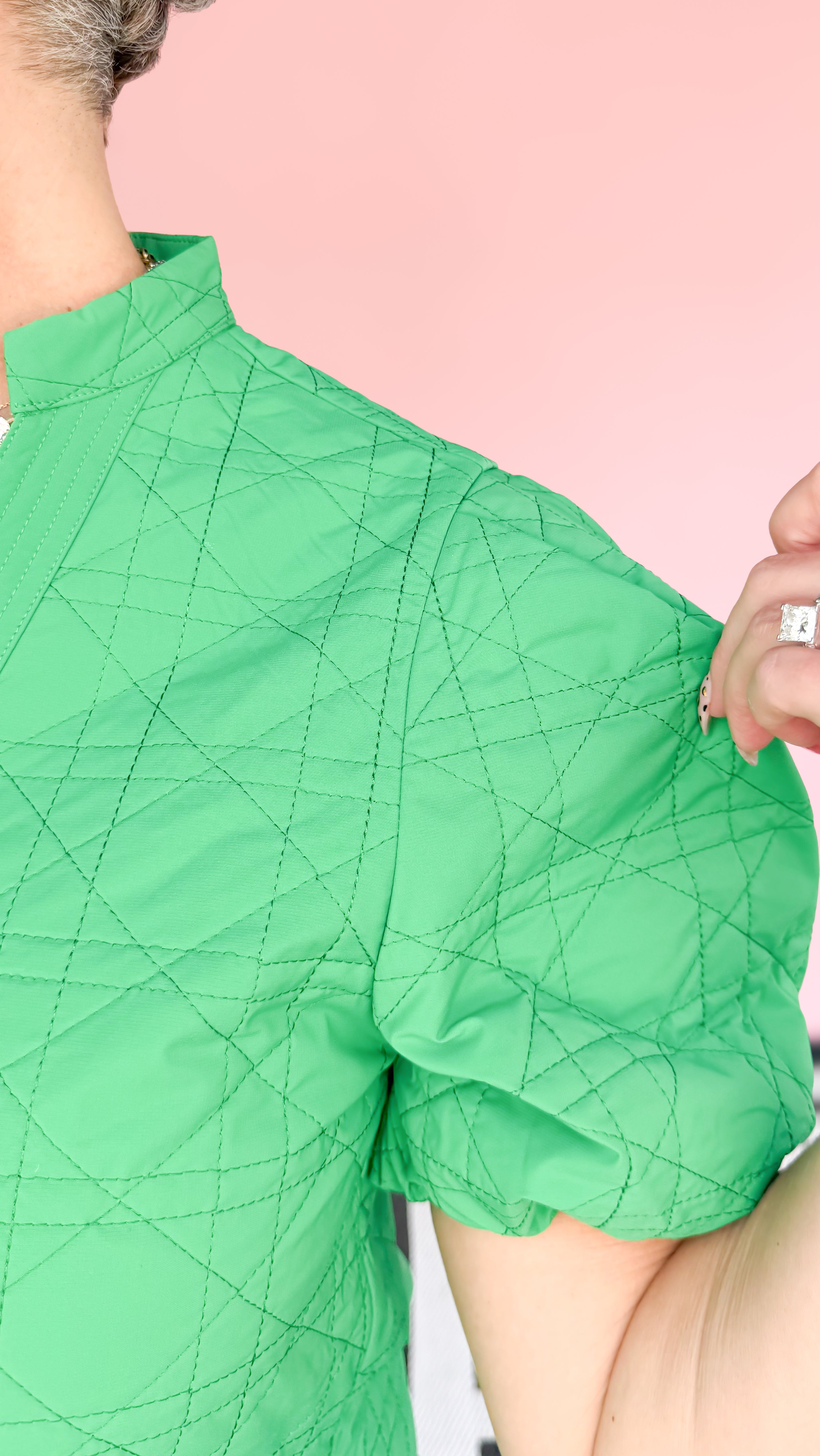 V-Neck Nancy Nylon Quilted Dress/Green - The BLVD