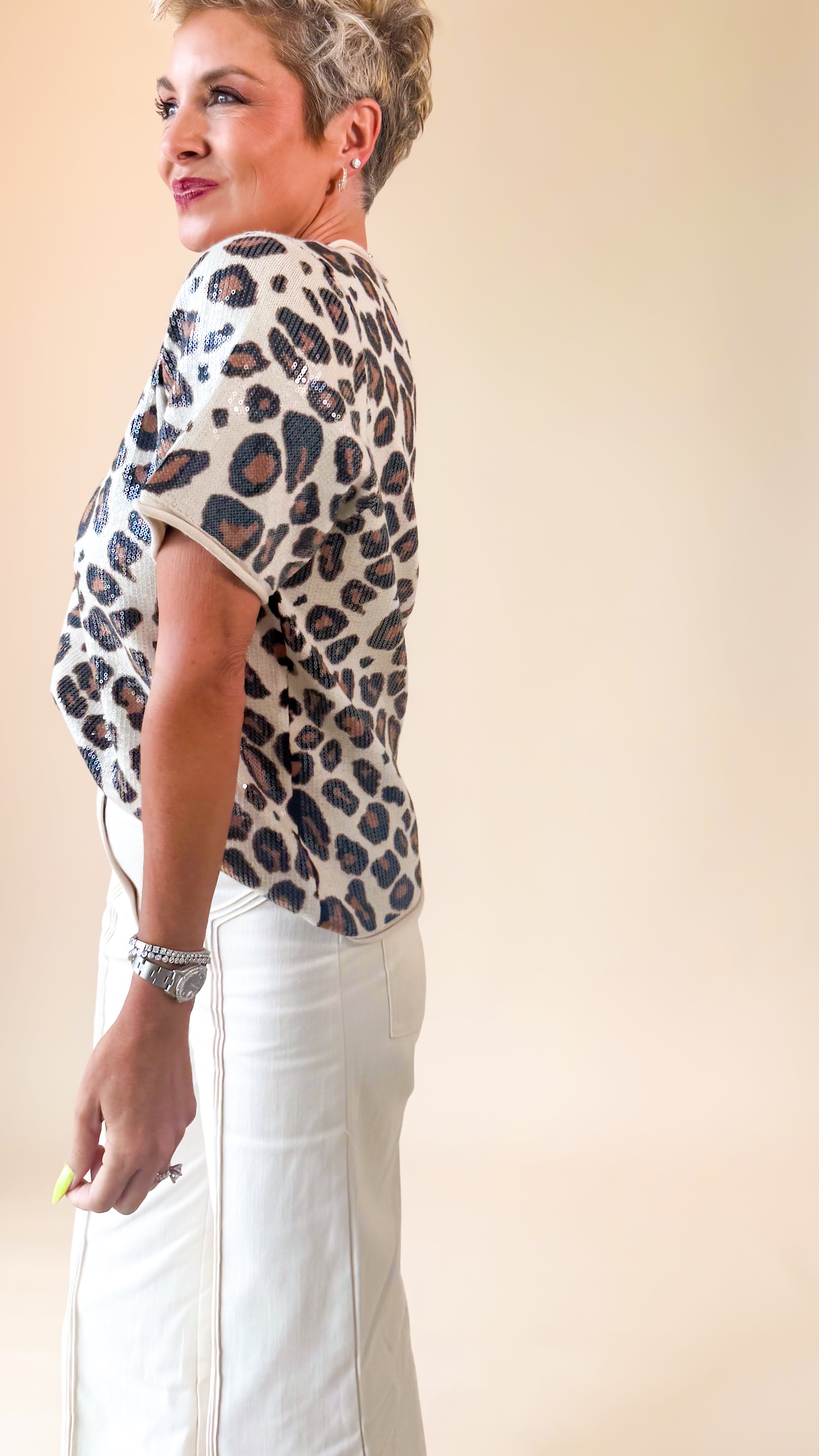 Sequined Crewneck Top/Brown Leopard