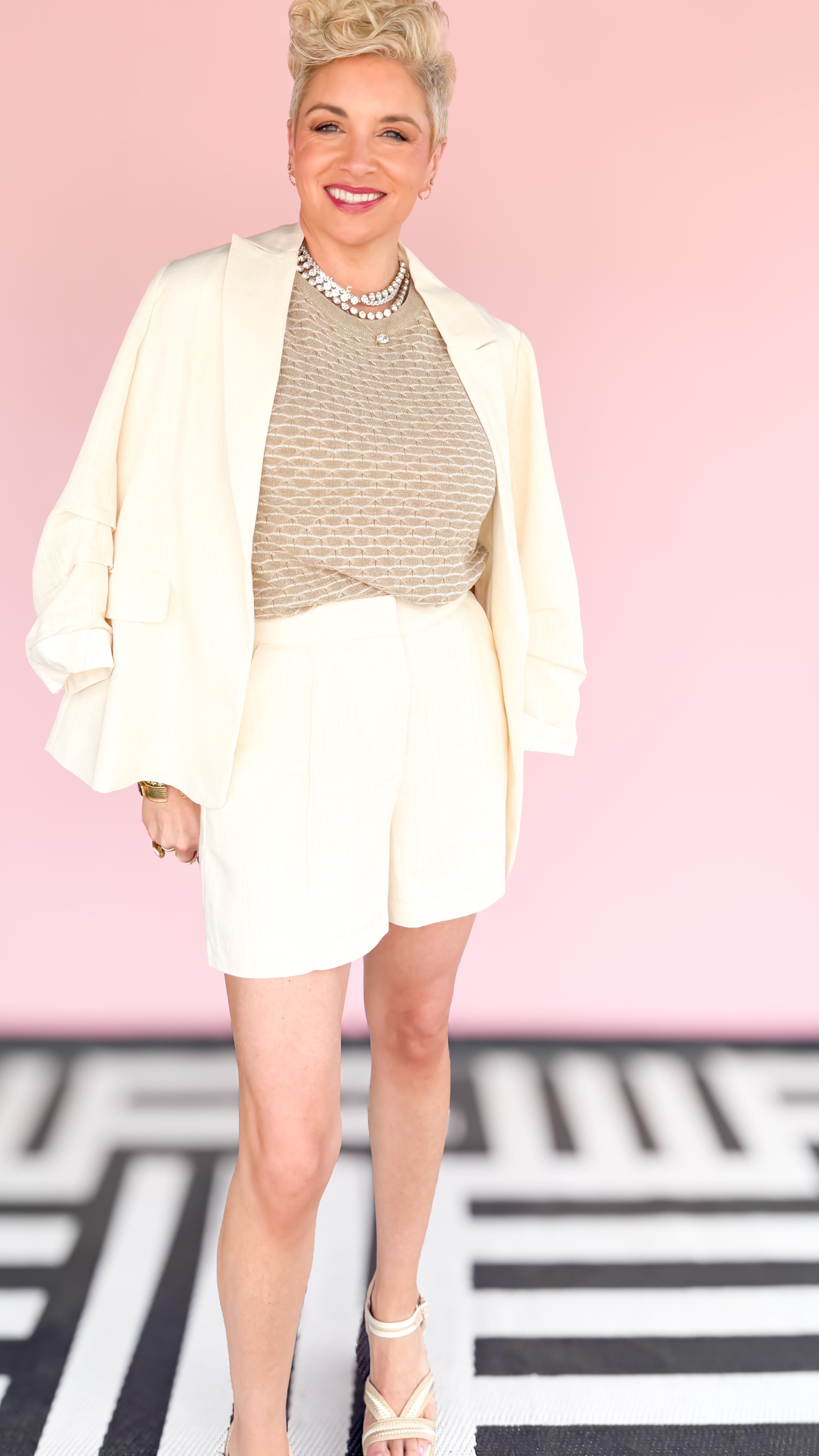 Cotton Blend Cinched Sleeve Blazer/Ecru - The BLVD