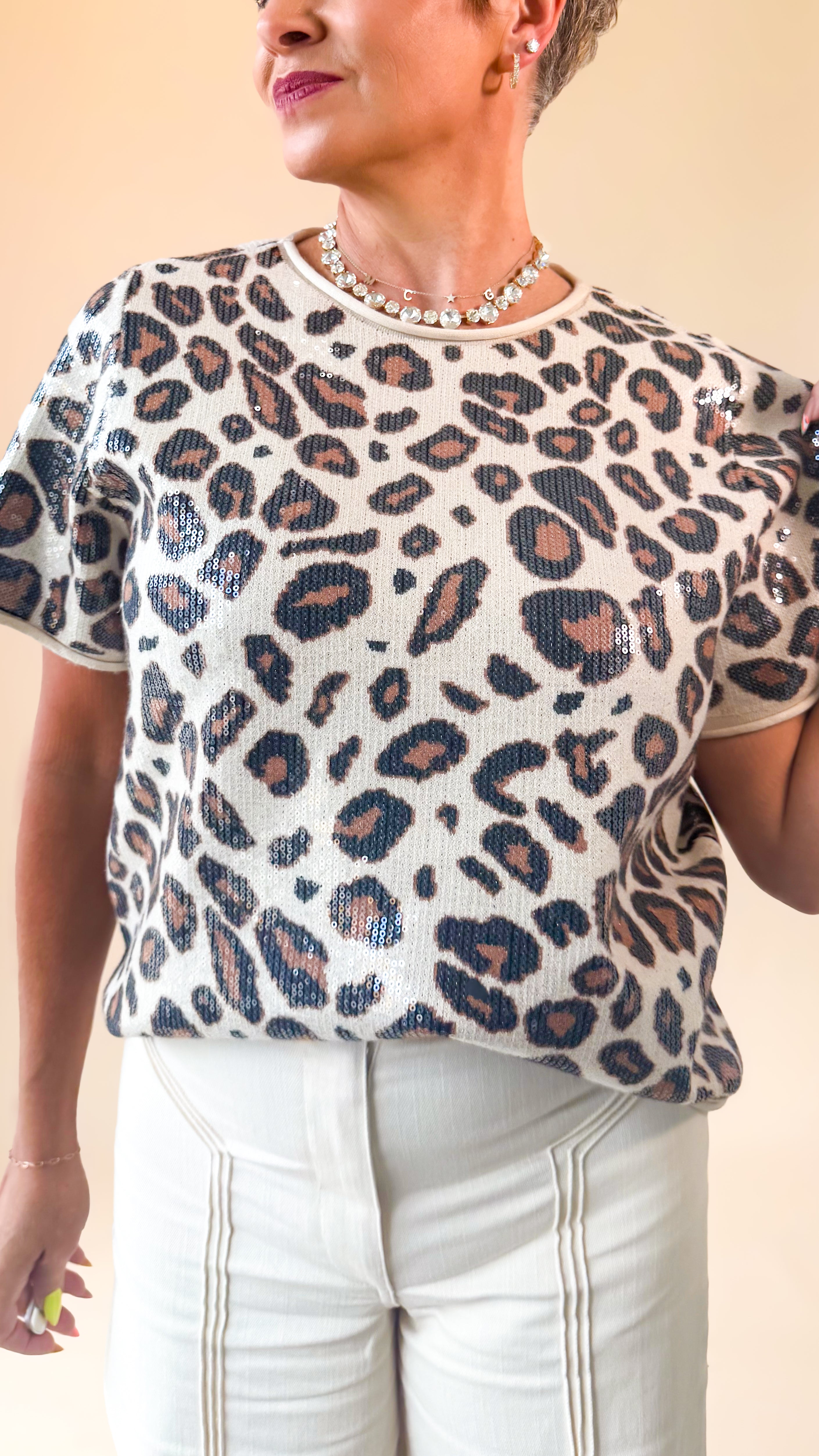 Sequined Crewneck Top/Brown Leopard