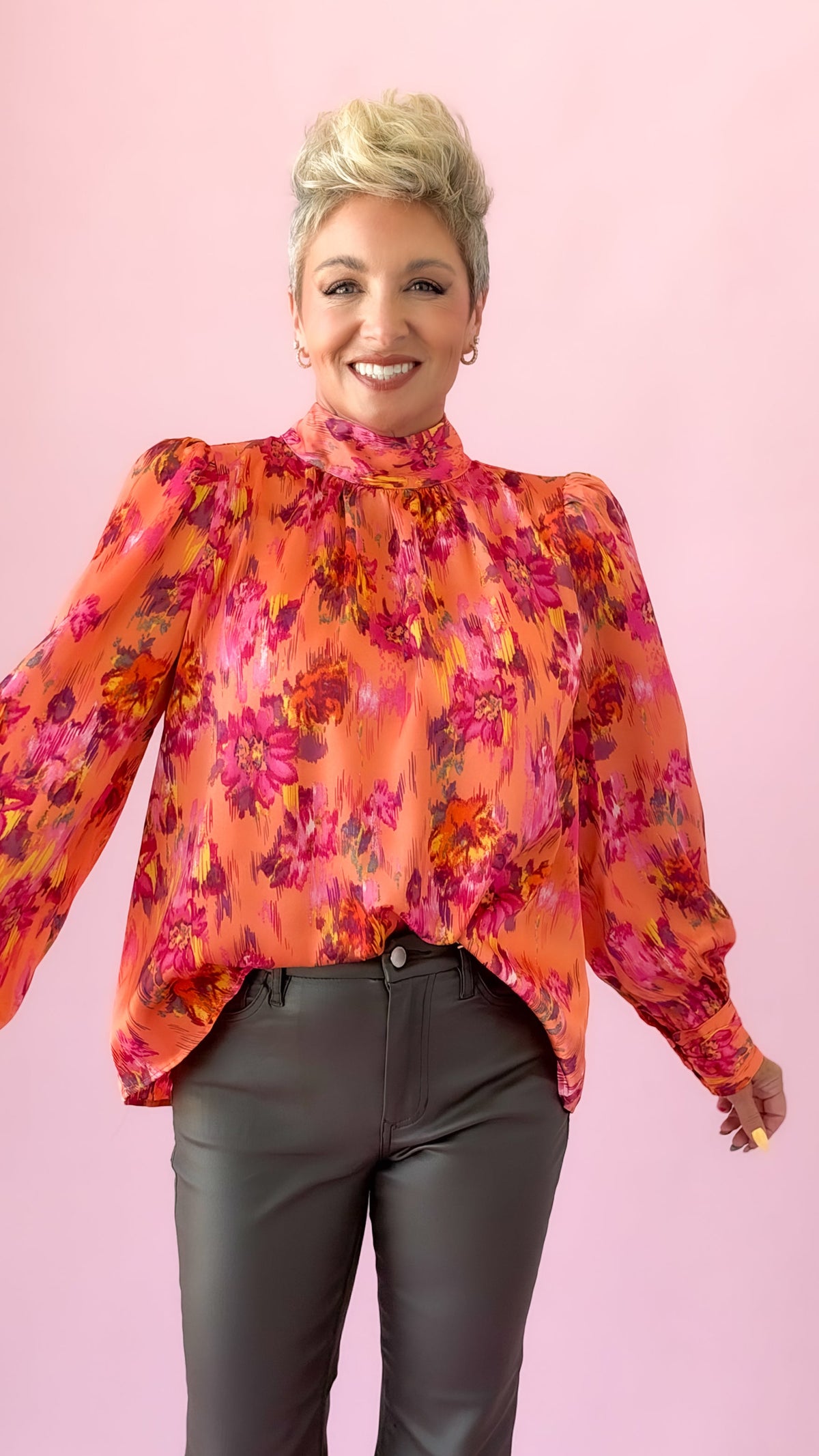 Orange Floral Tie Neck Top