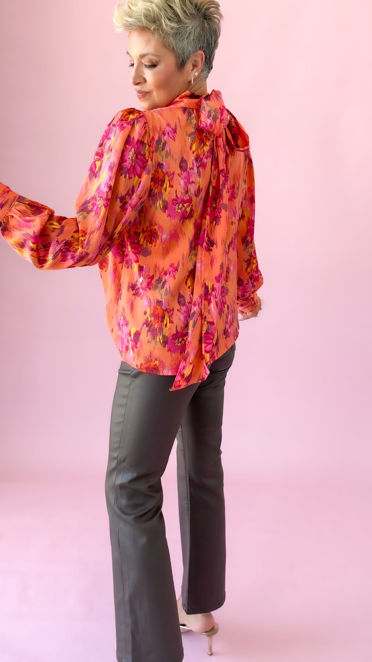 Orange Floral Tie Neck Top