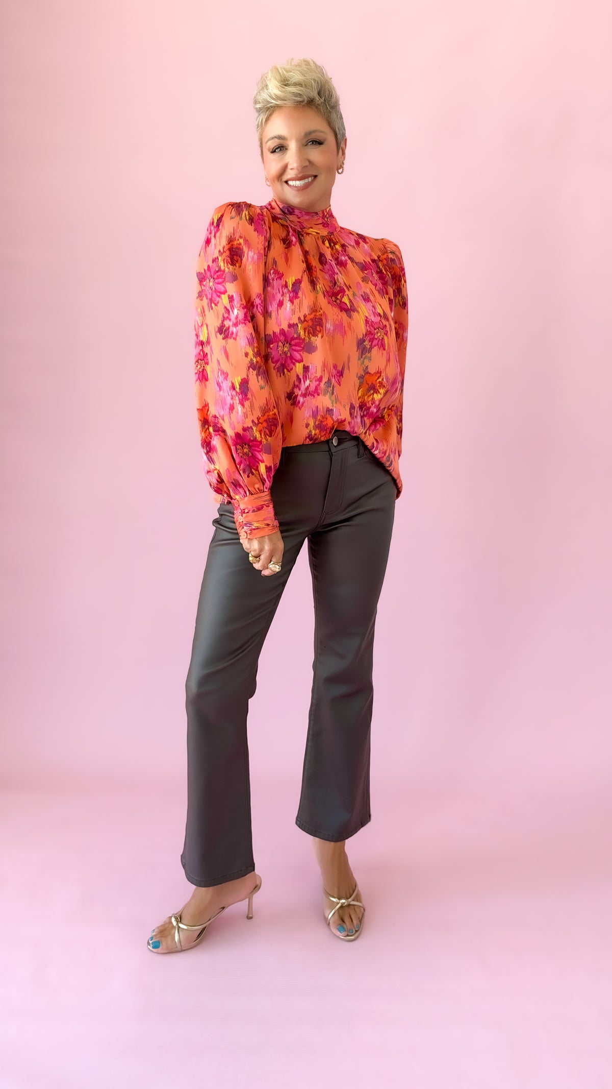 Orange Floral Tie Neck Top