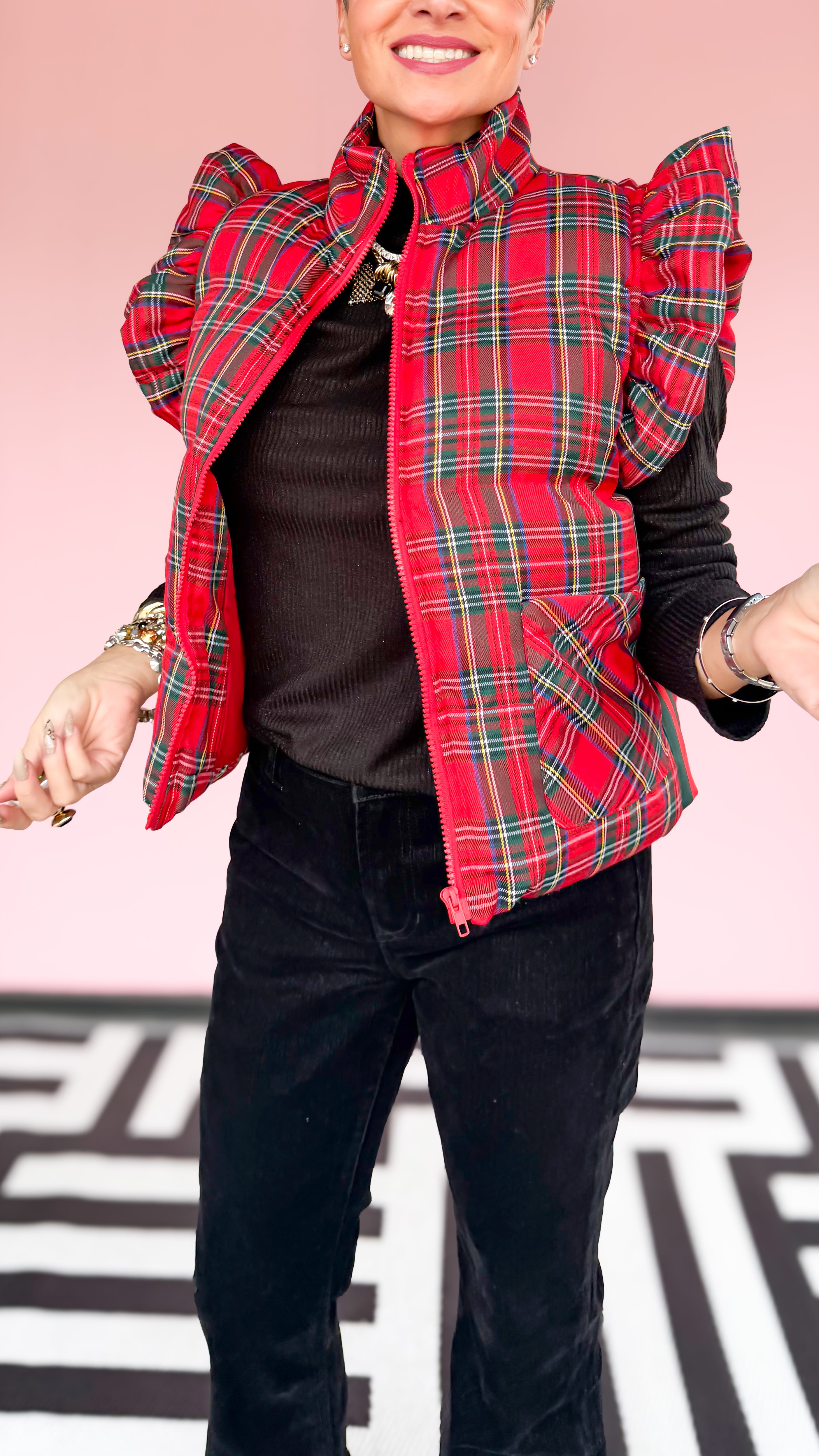 Tartan Plaid Puffer Vest w/Ruffles