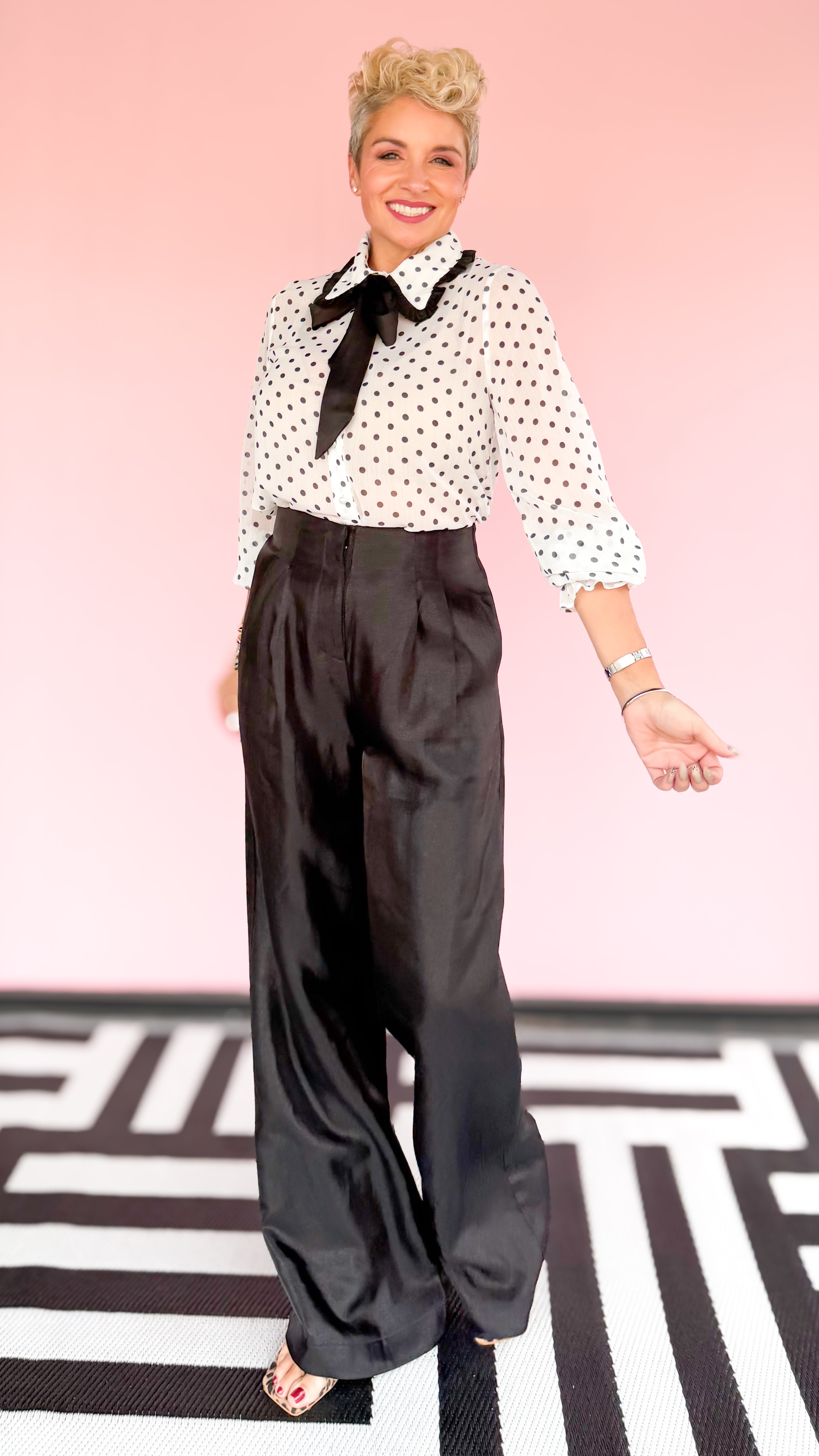 Polka Dot Chiffon Blouse w/Bow/Ivory