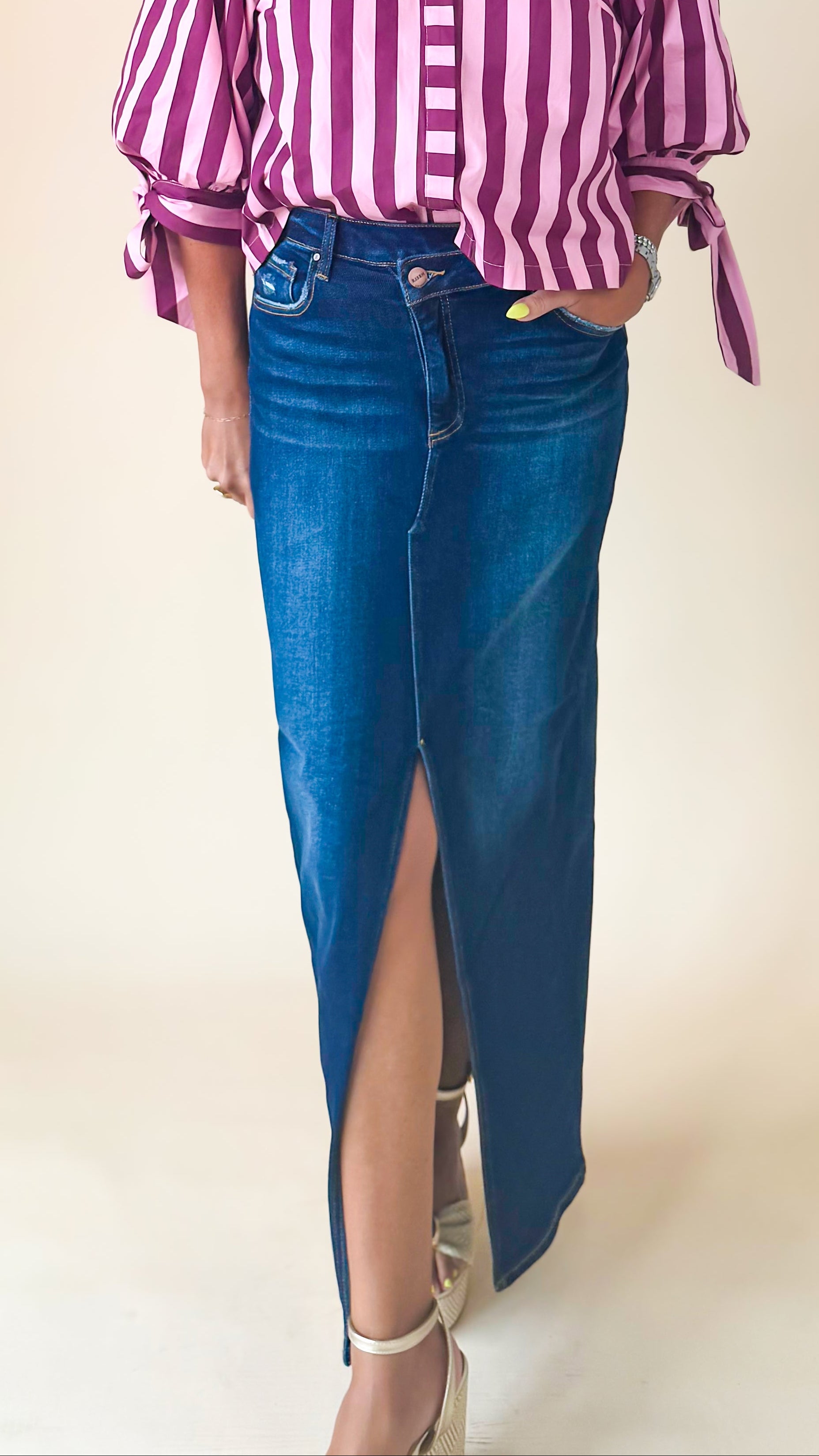 High Rise Denim Maxi Skirt