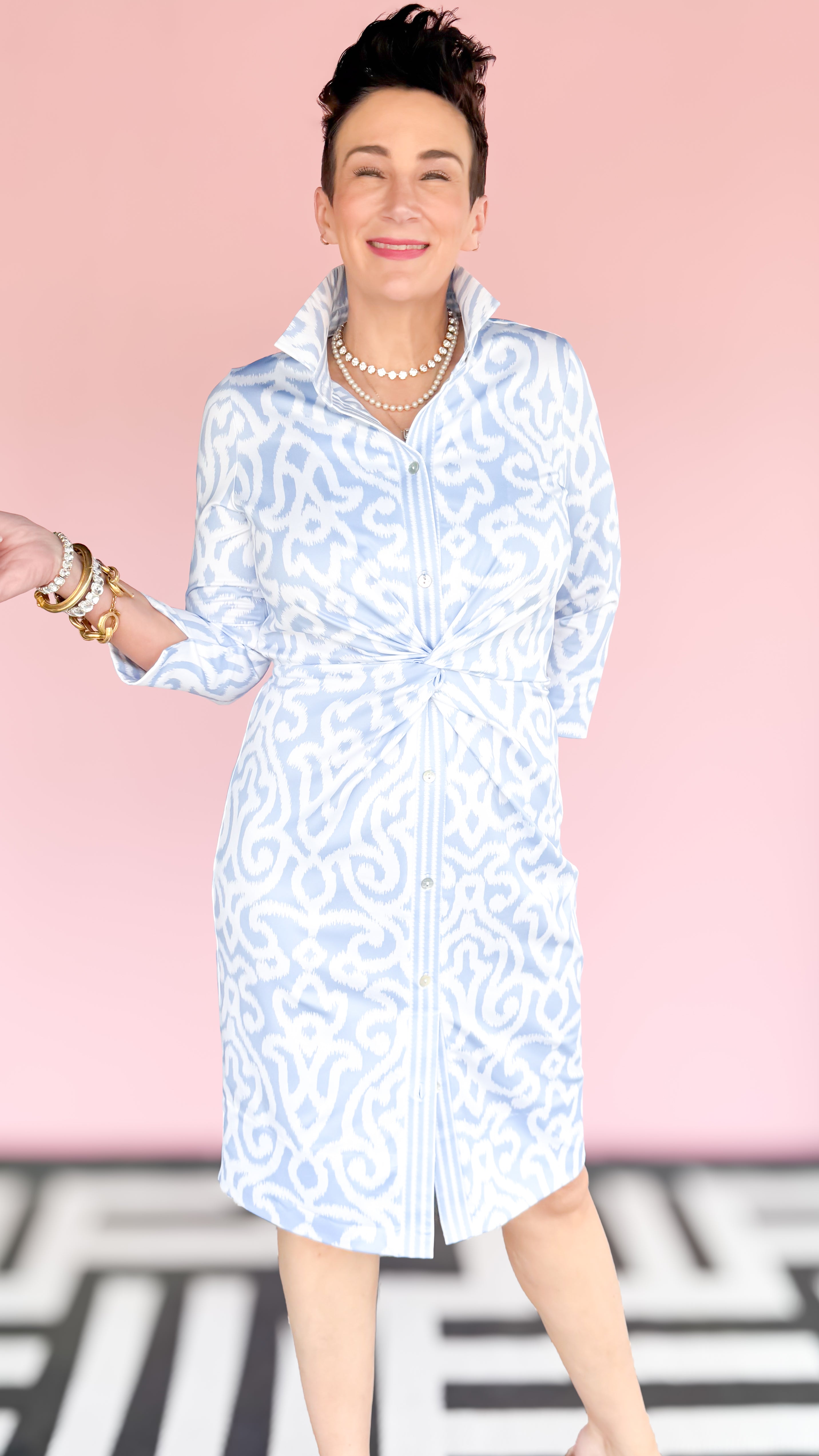 Twist and Shout dress in light blue worn on model - styled view - BLVD Boutik