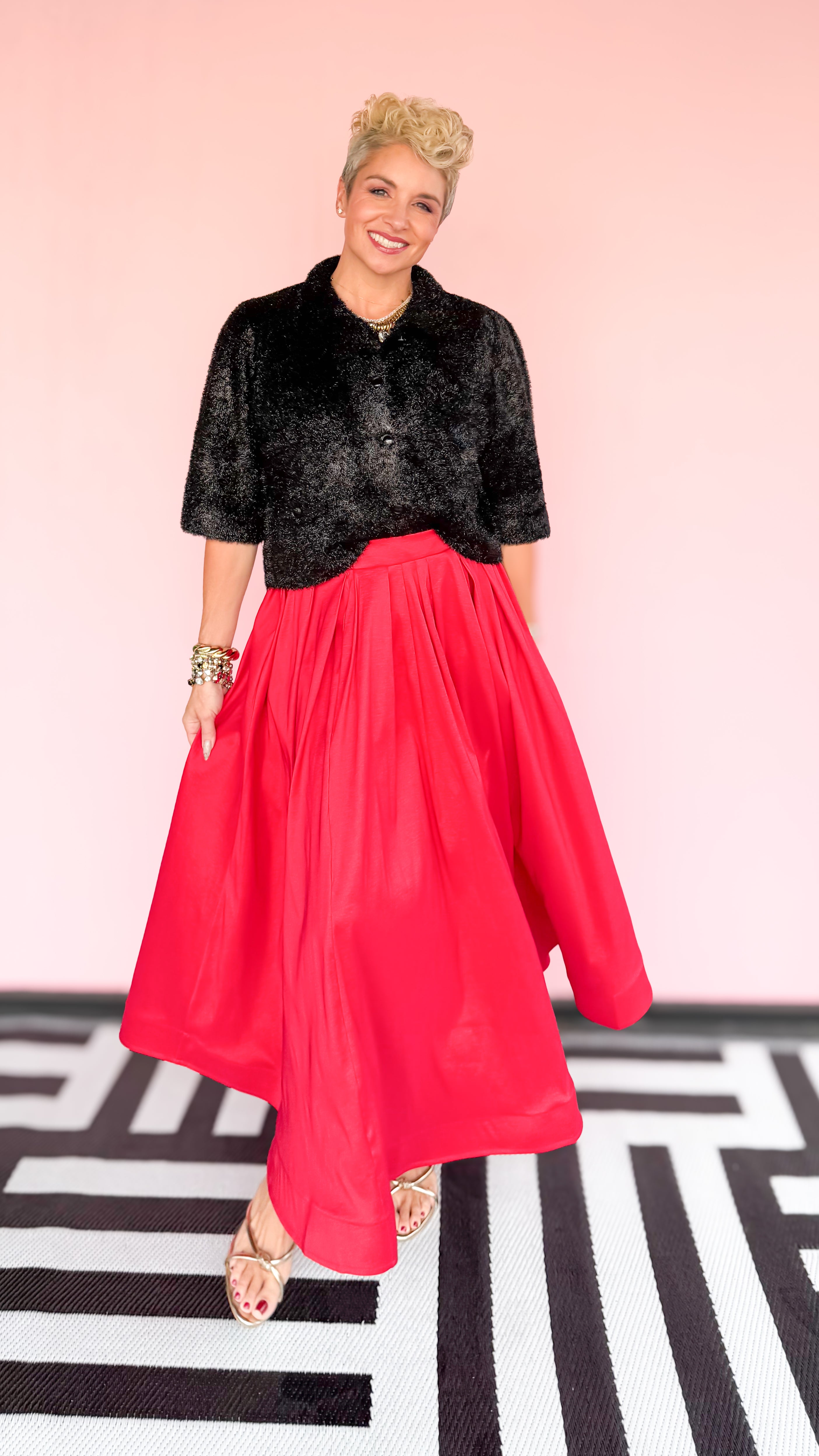 Tulle Hem Lined Maxi Skirt/Red