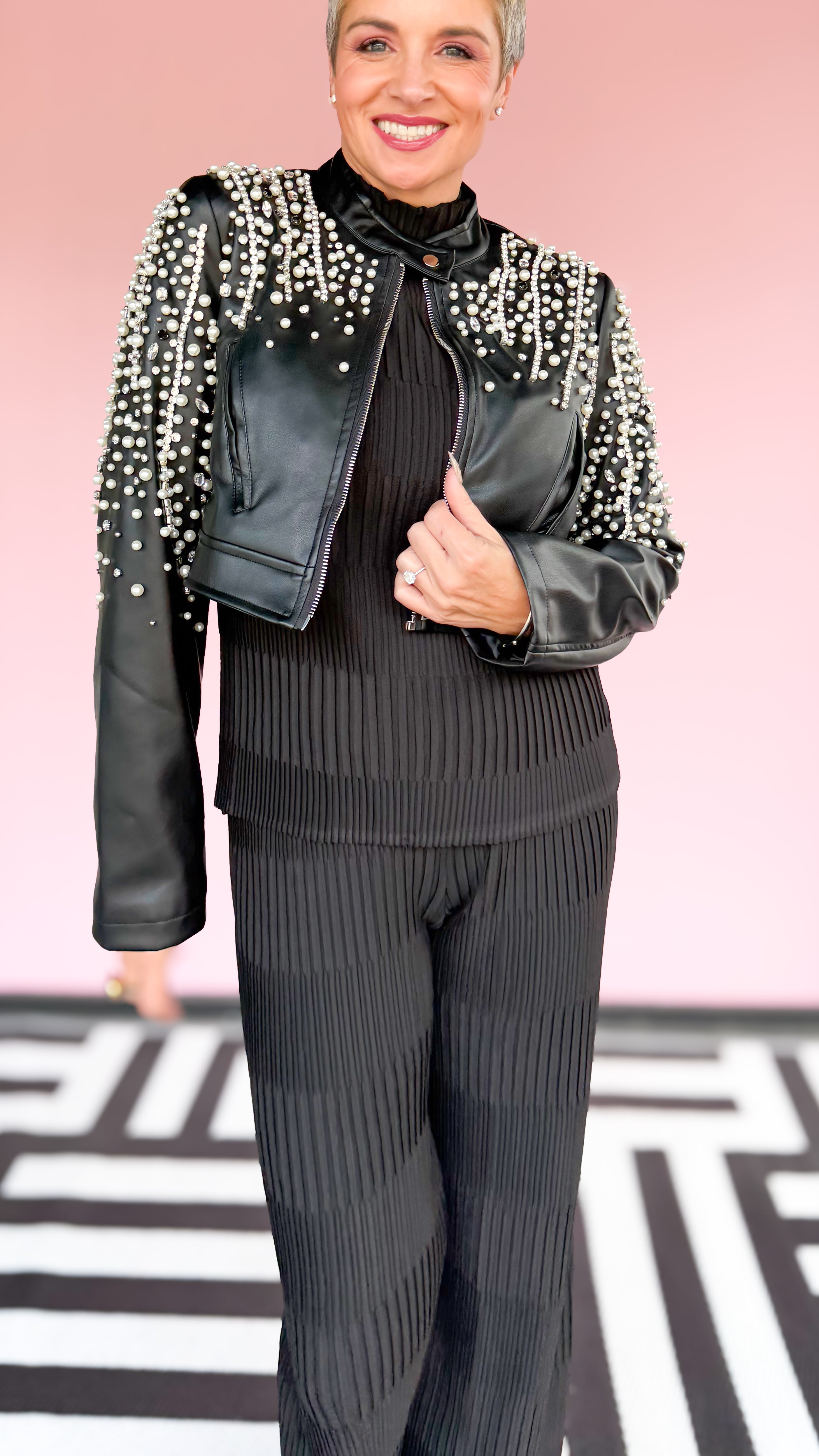 Pearl & Sequin Cropped Jacket/Black
