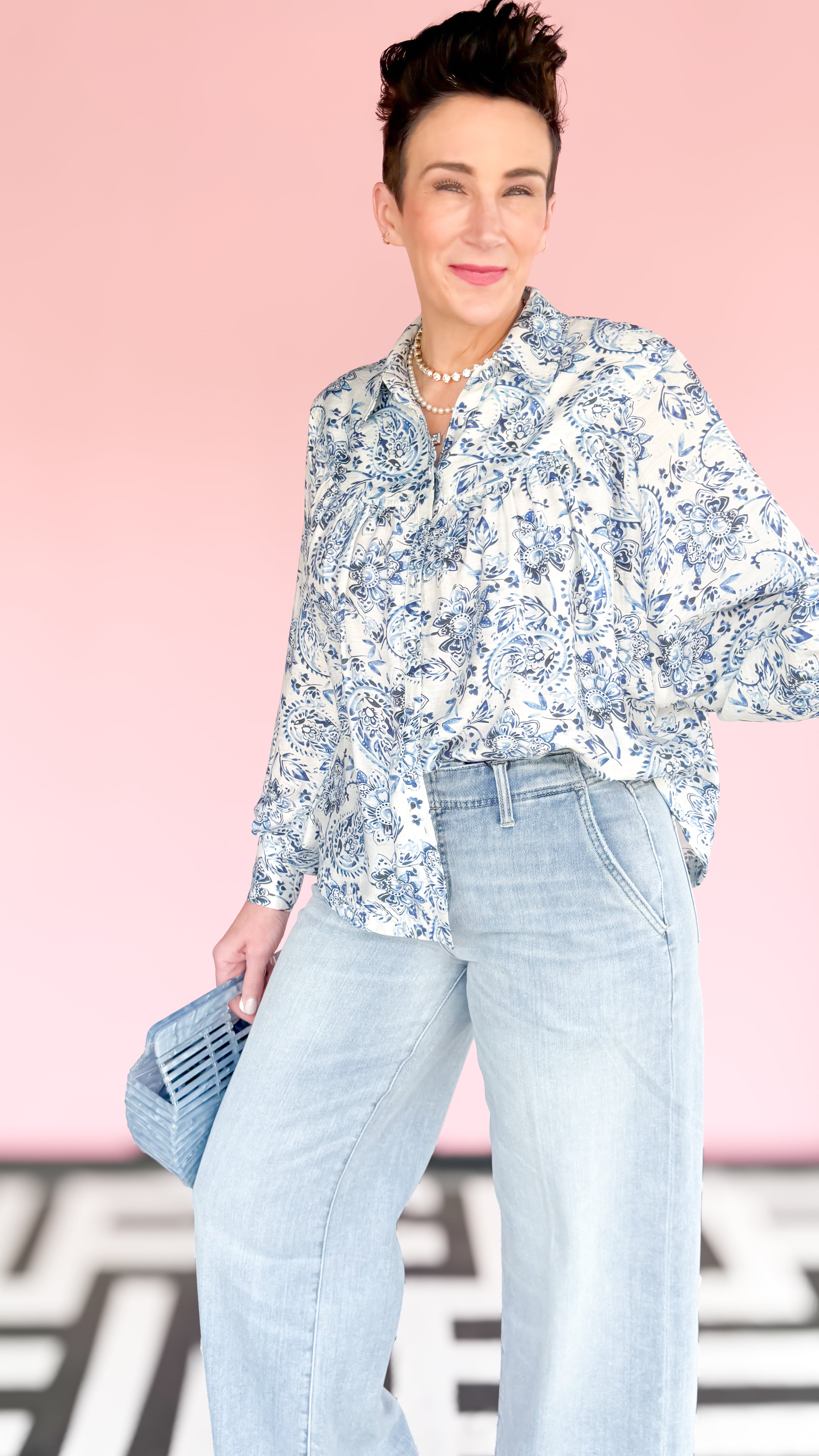 Elegant French Blue Printed Blouse - The BLVD