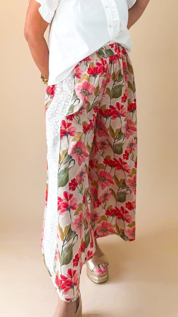 Eyelet Trim Floral Wide Leg Pants