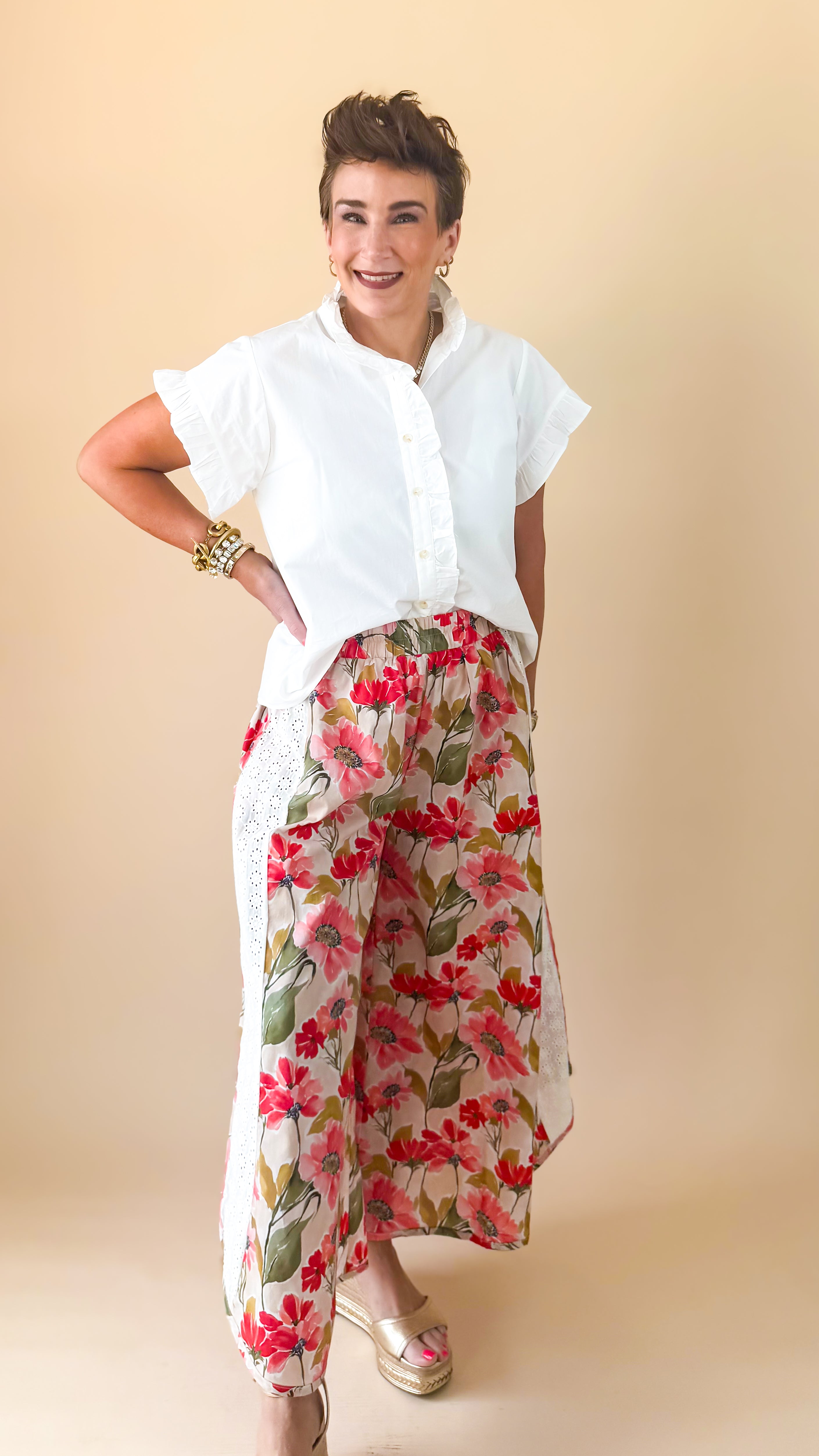 Eyelet Trim Floral Wide Leg Pants
