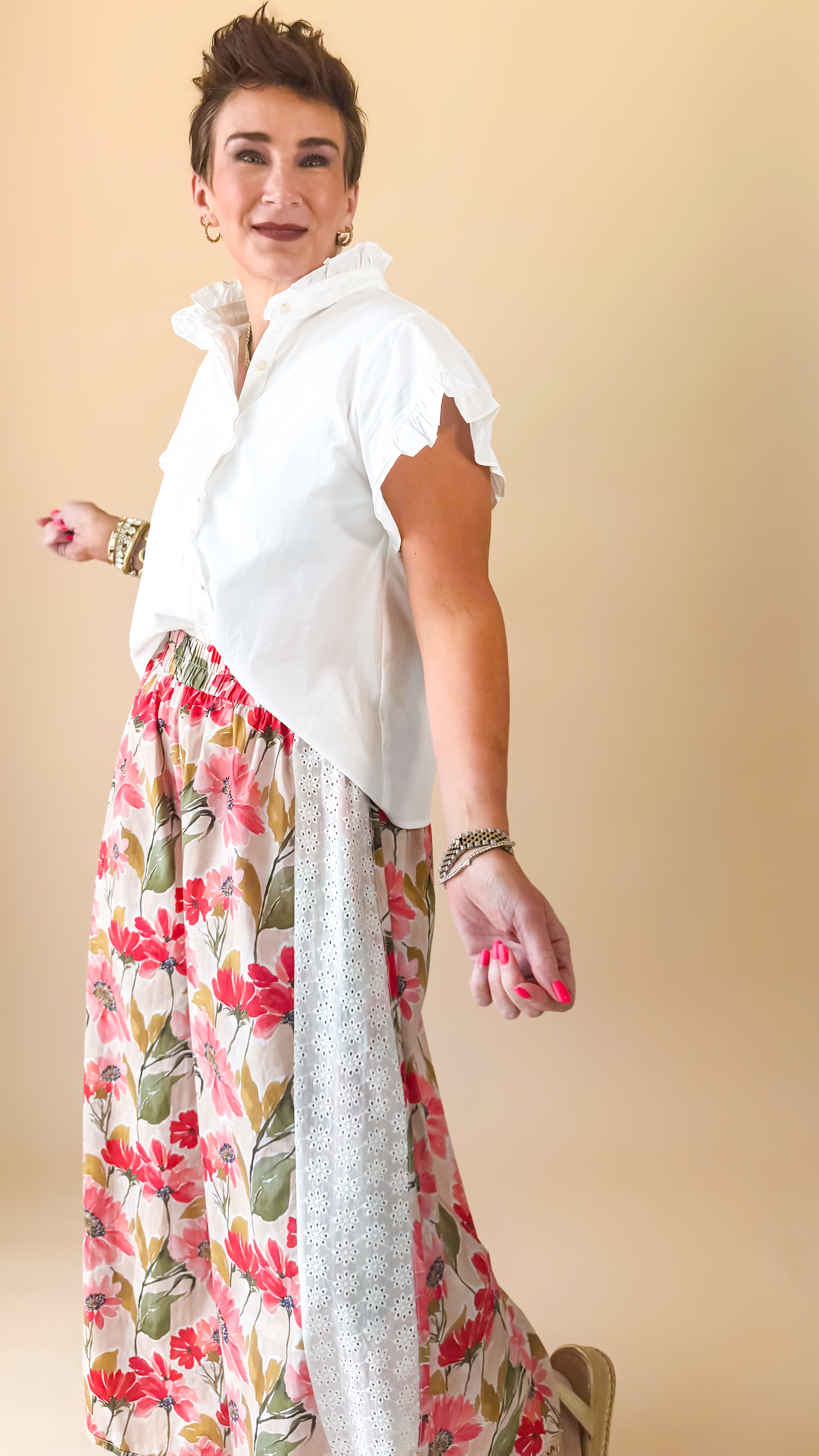 Eyelet Trim Floral Wide Leg Pants