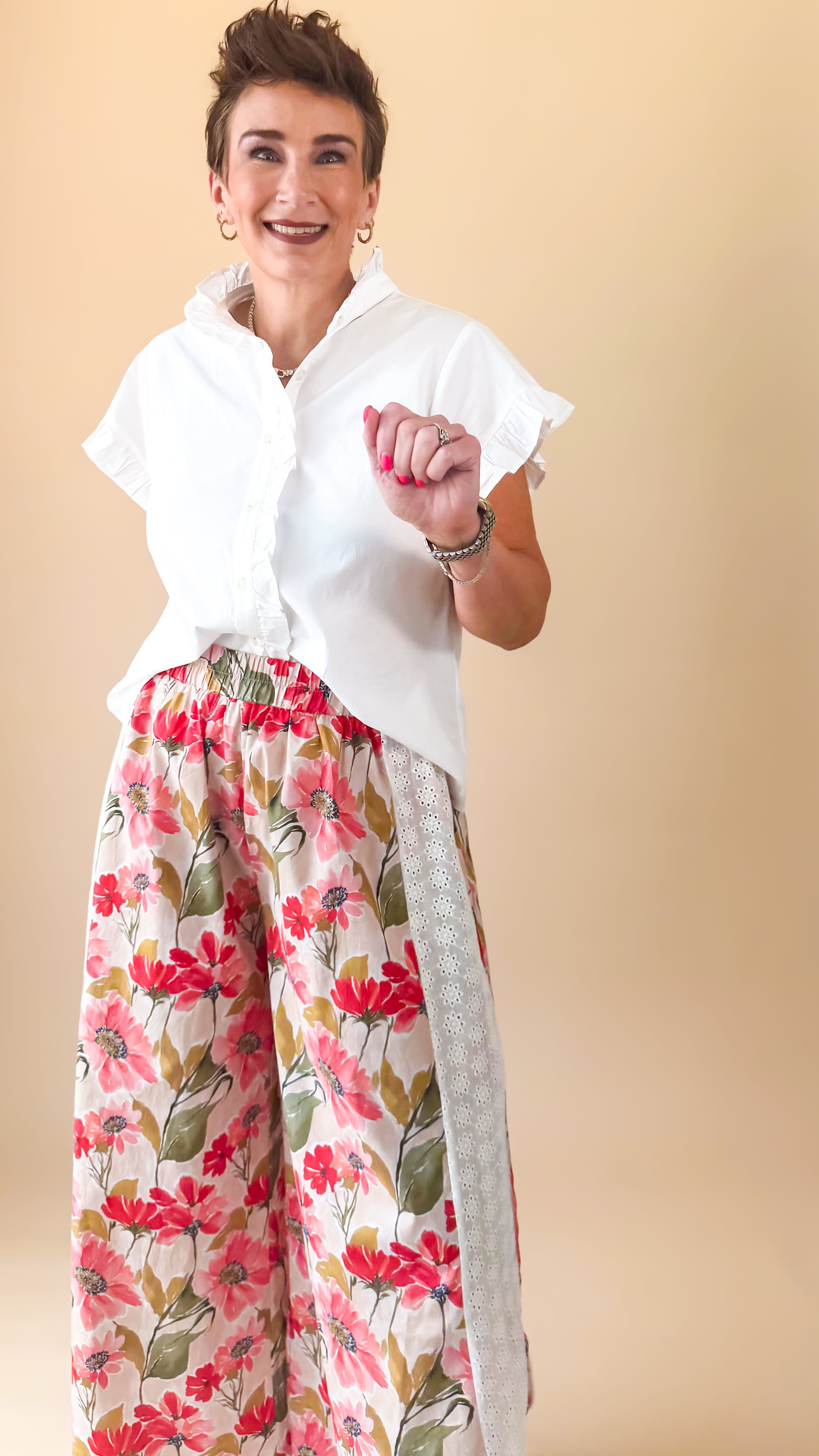 Eyelet Trim Floral Wide Leg Pants