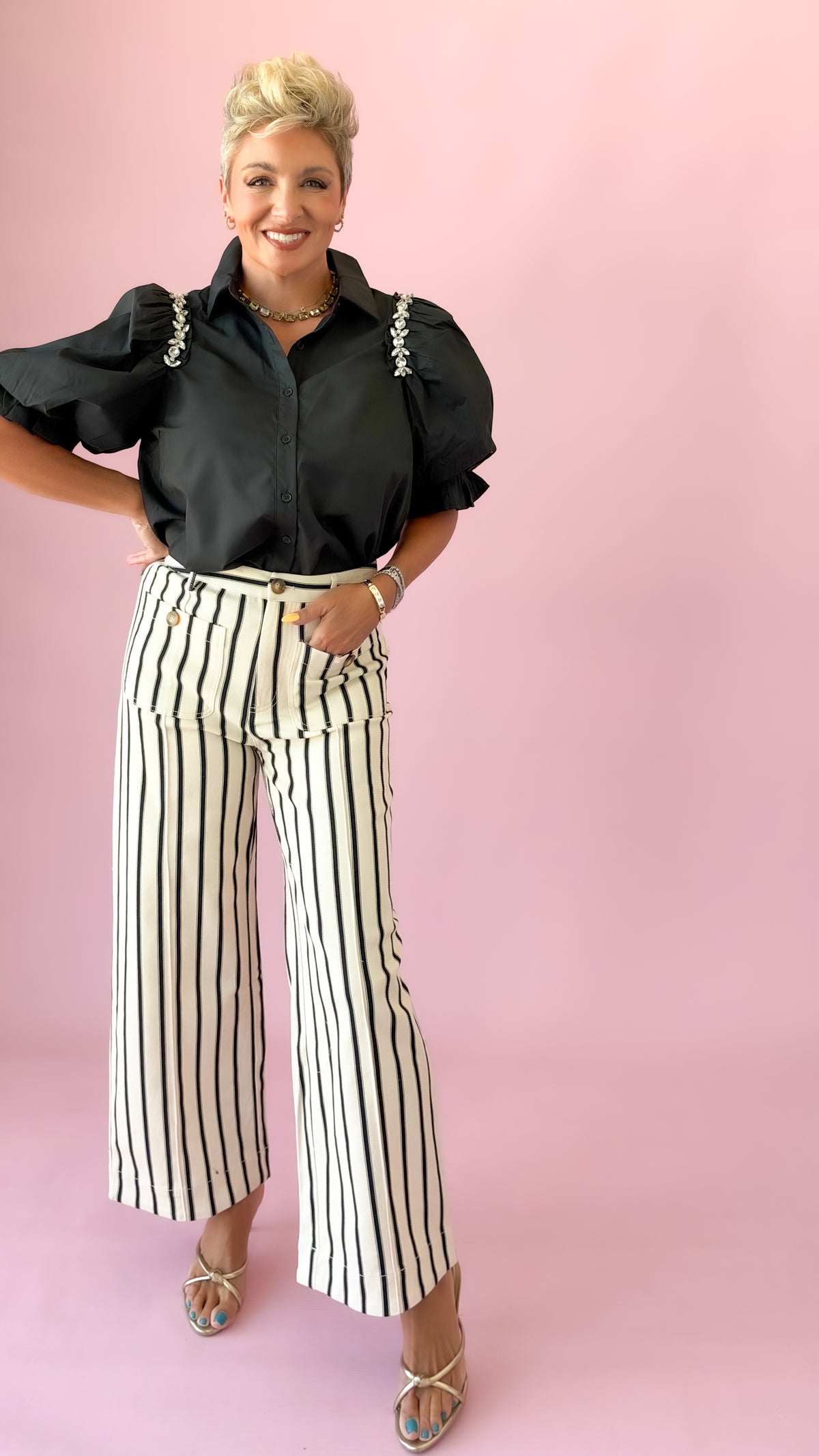 Striped Button Detail Pants/Cream