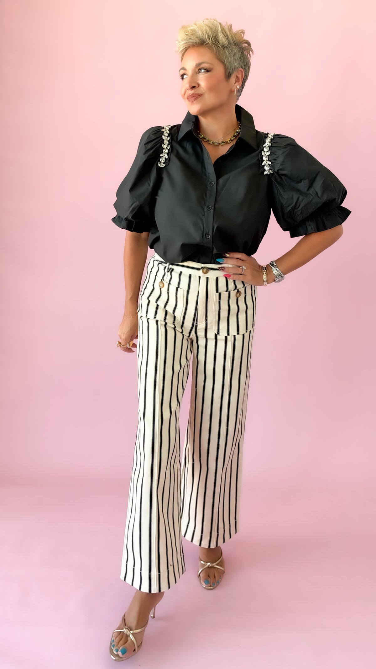 Striped Button Detail Pants/Cream