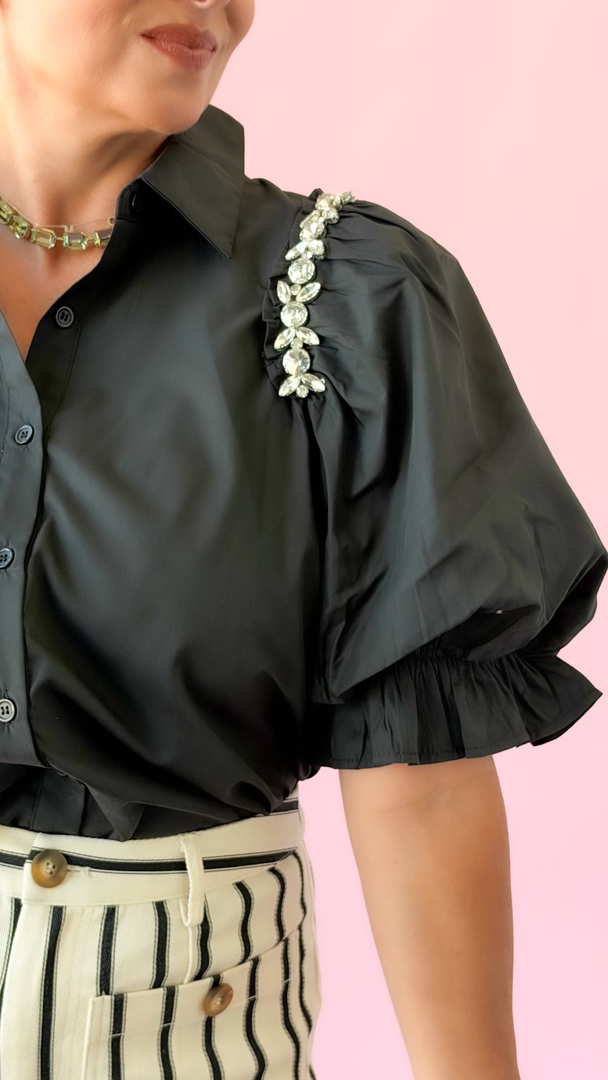 Rhinestone Puff Sleeve Top/Black