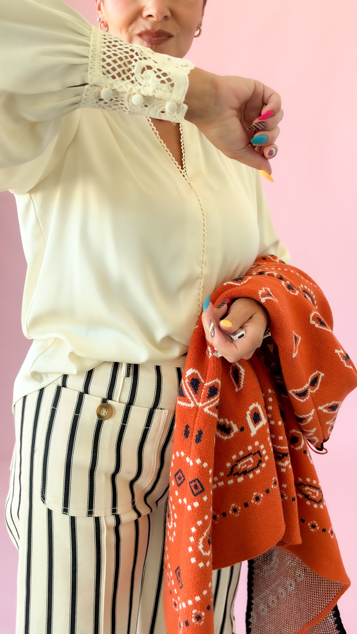 Crochet V-Neck Blouse/Ecru