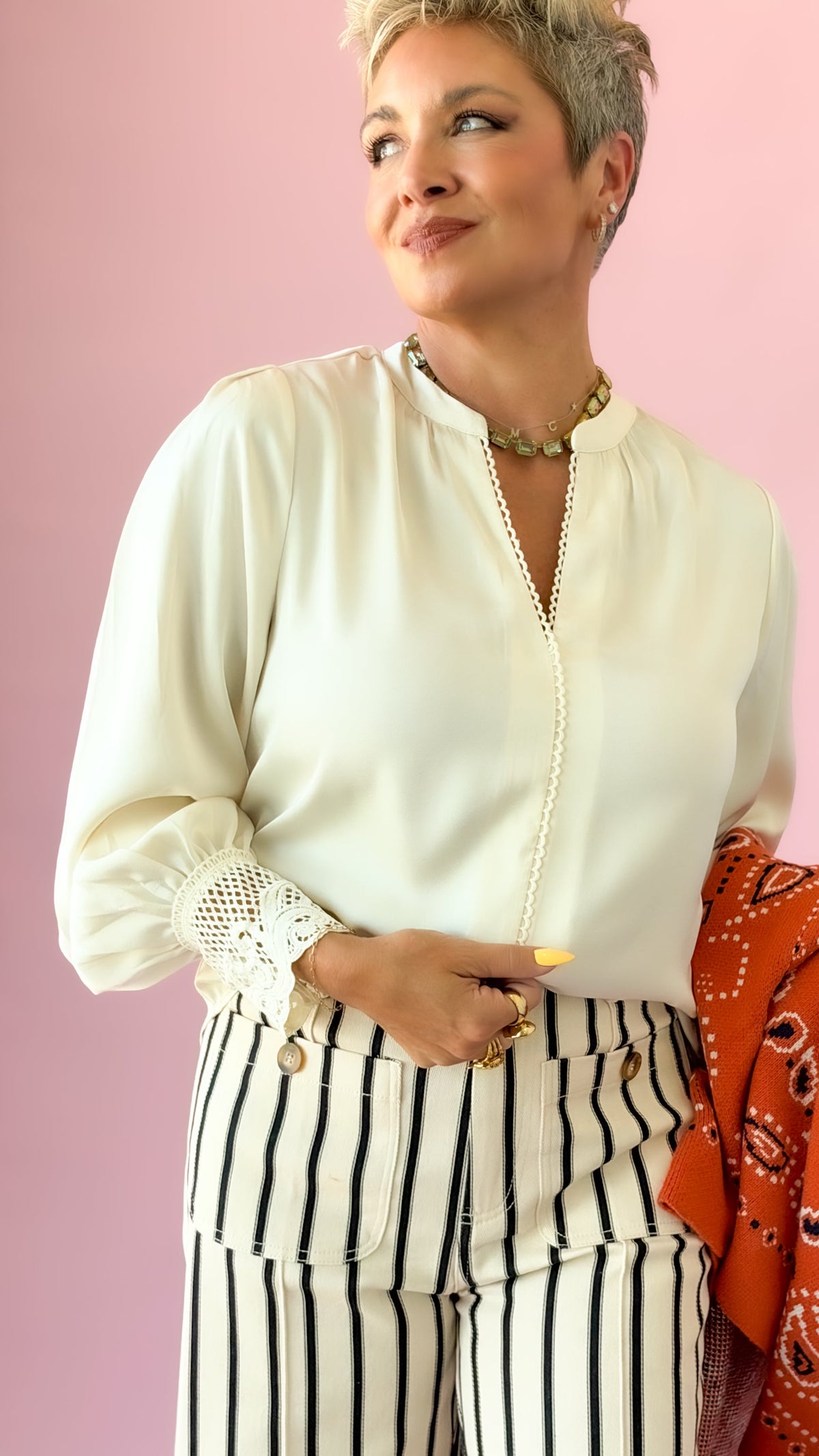 Crochet V-Neck Blouse/Ecru