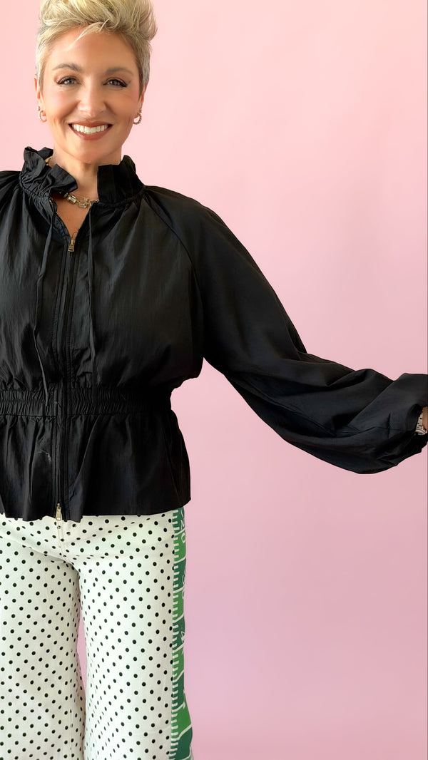 Ruffle Collar Tapered Waist Jacket/Black