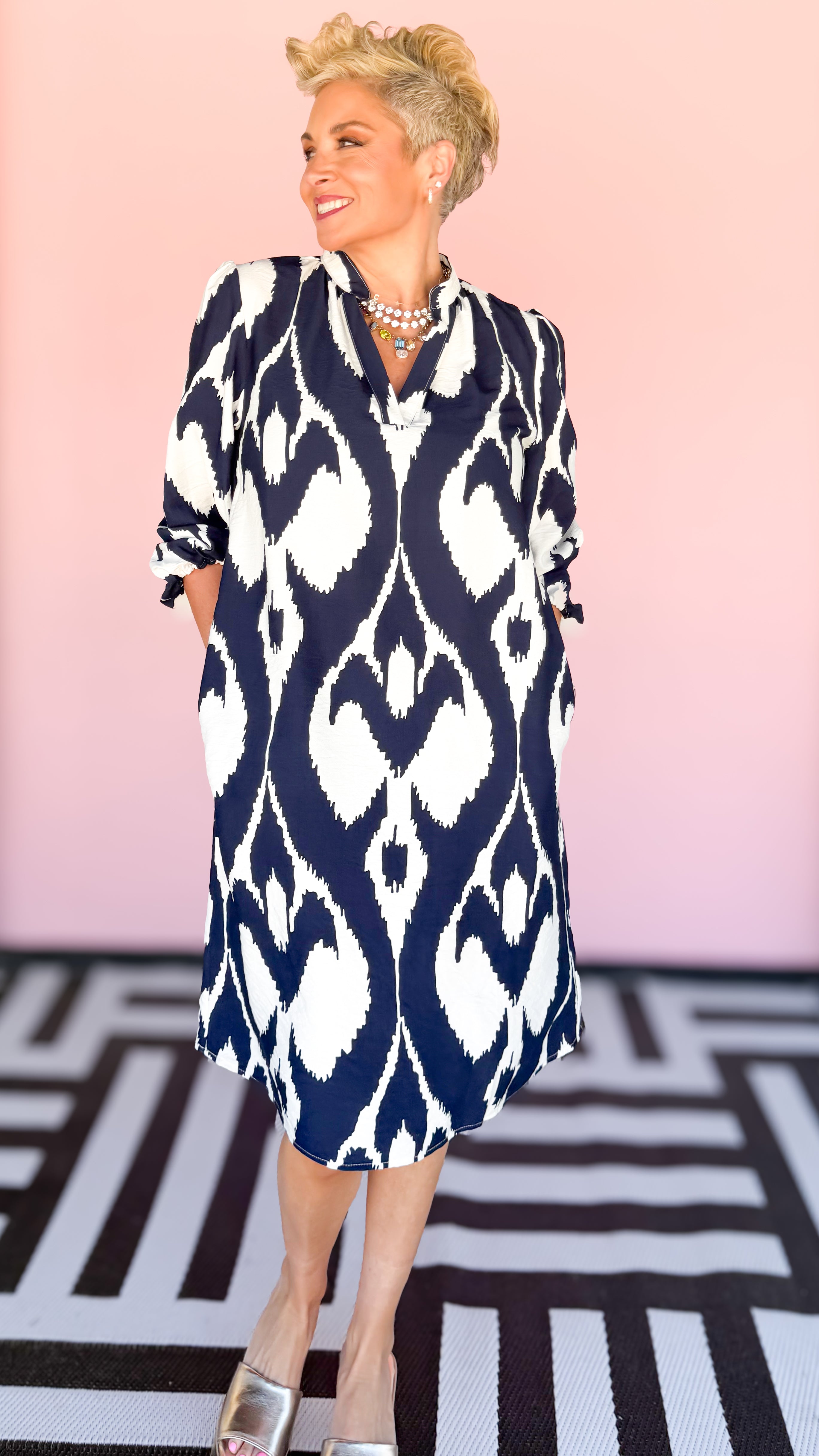 Ikat Print Short Dress/Navy - The BLVD