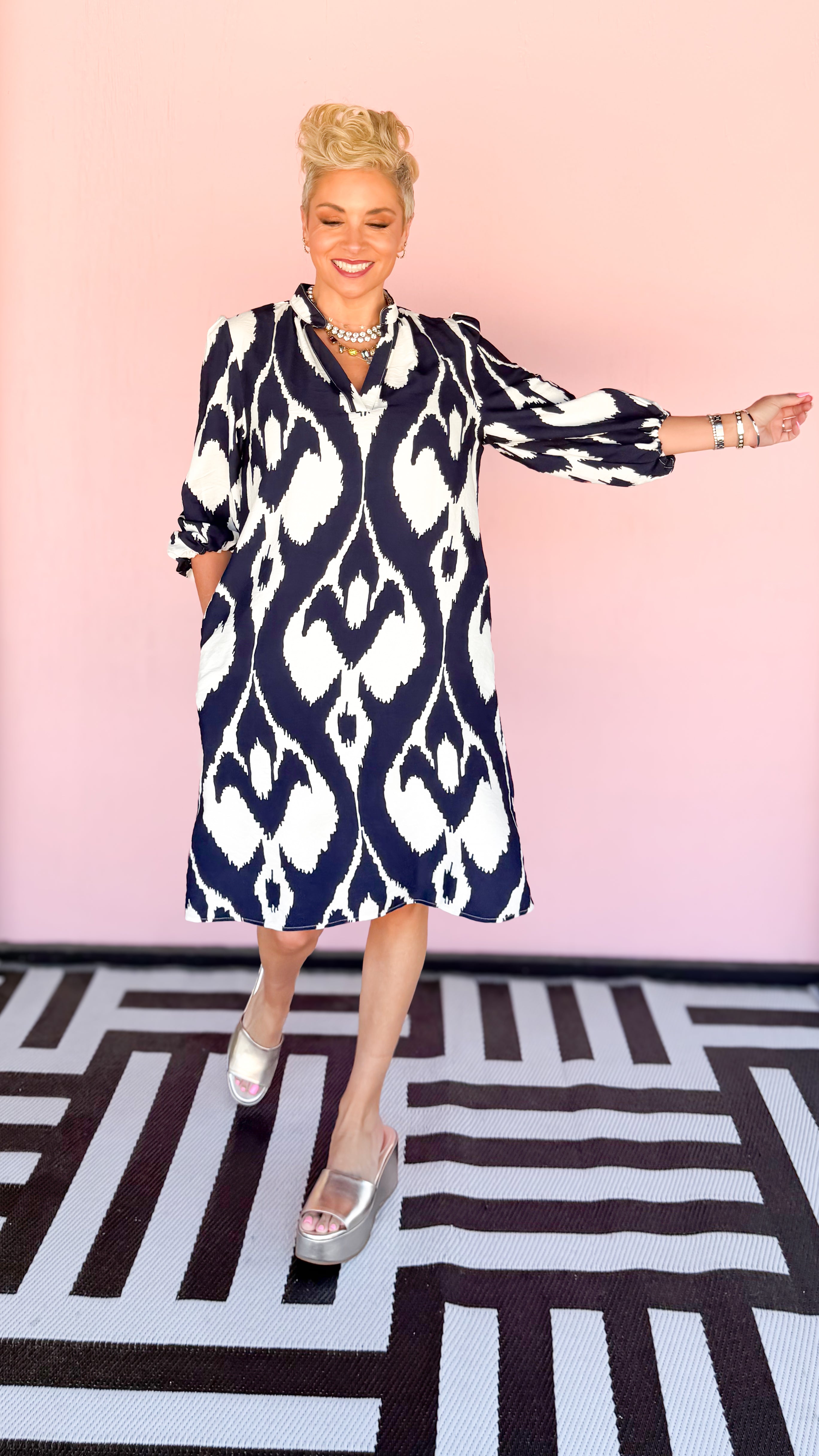 Ikat Print Short Dress/Navy - The BLVD