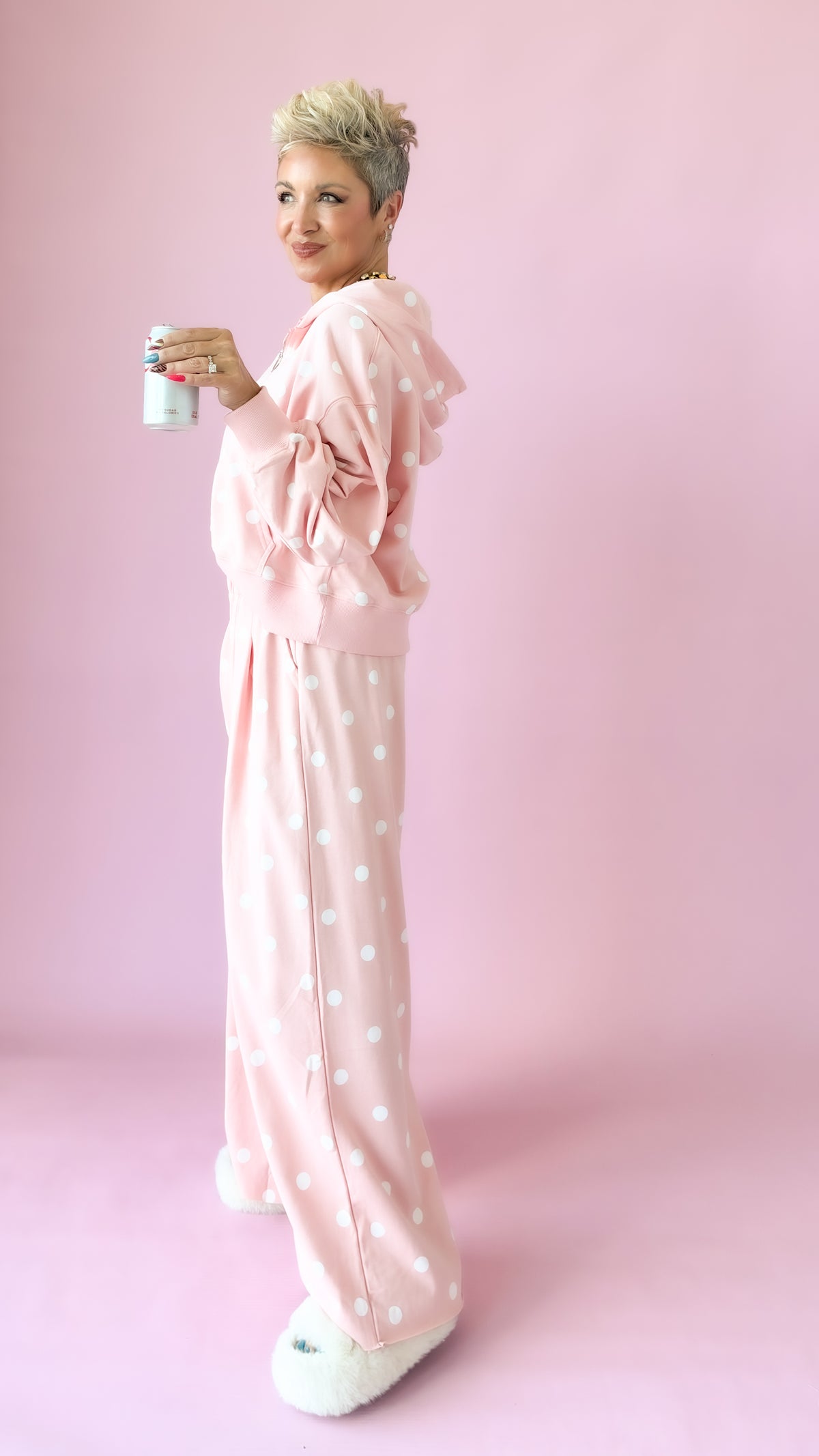 Polka Dot Zip Up Hoodie/Pink