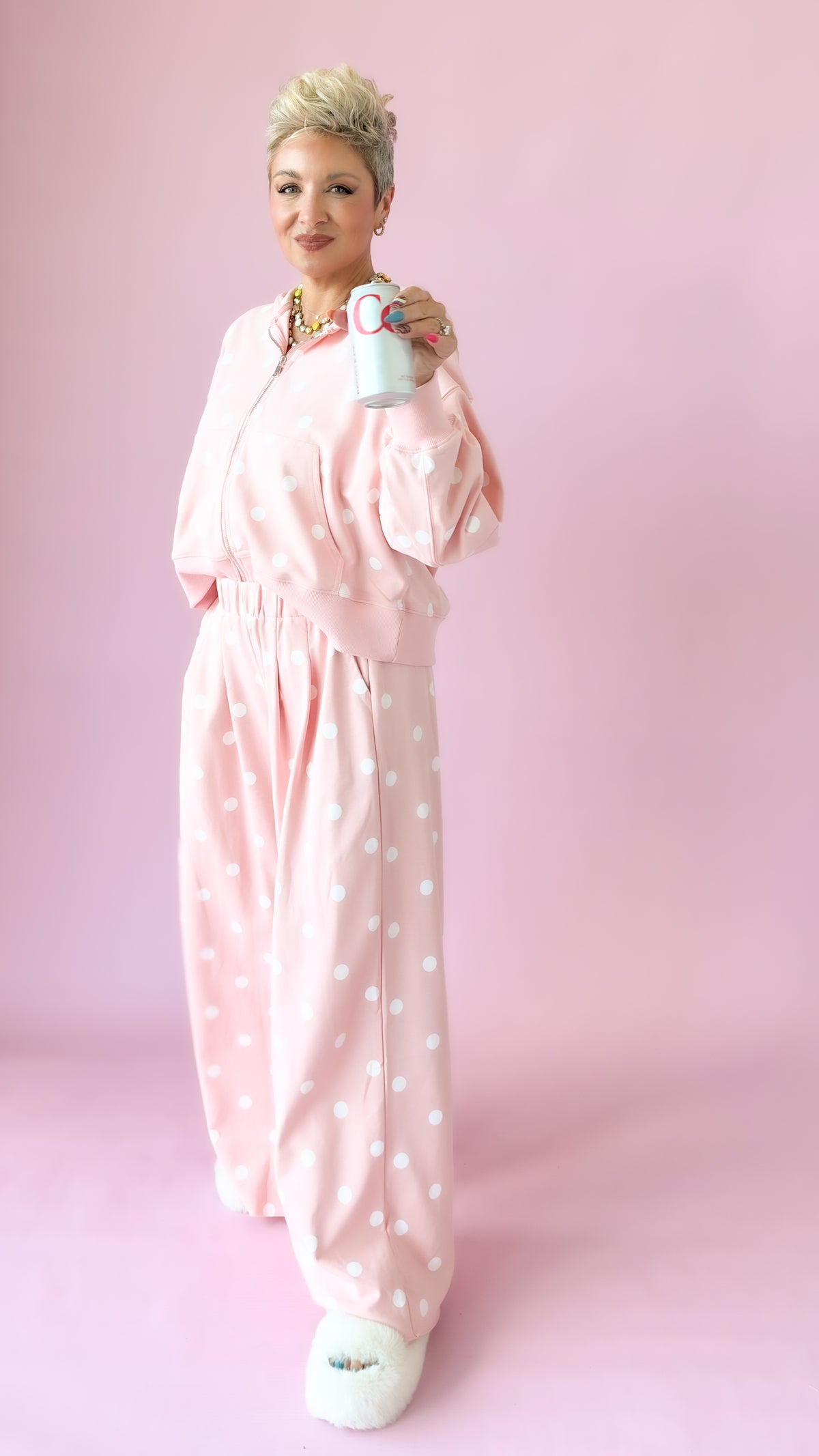 Polka Dot Elastic Waist Pants/Pink