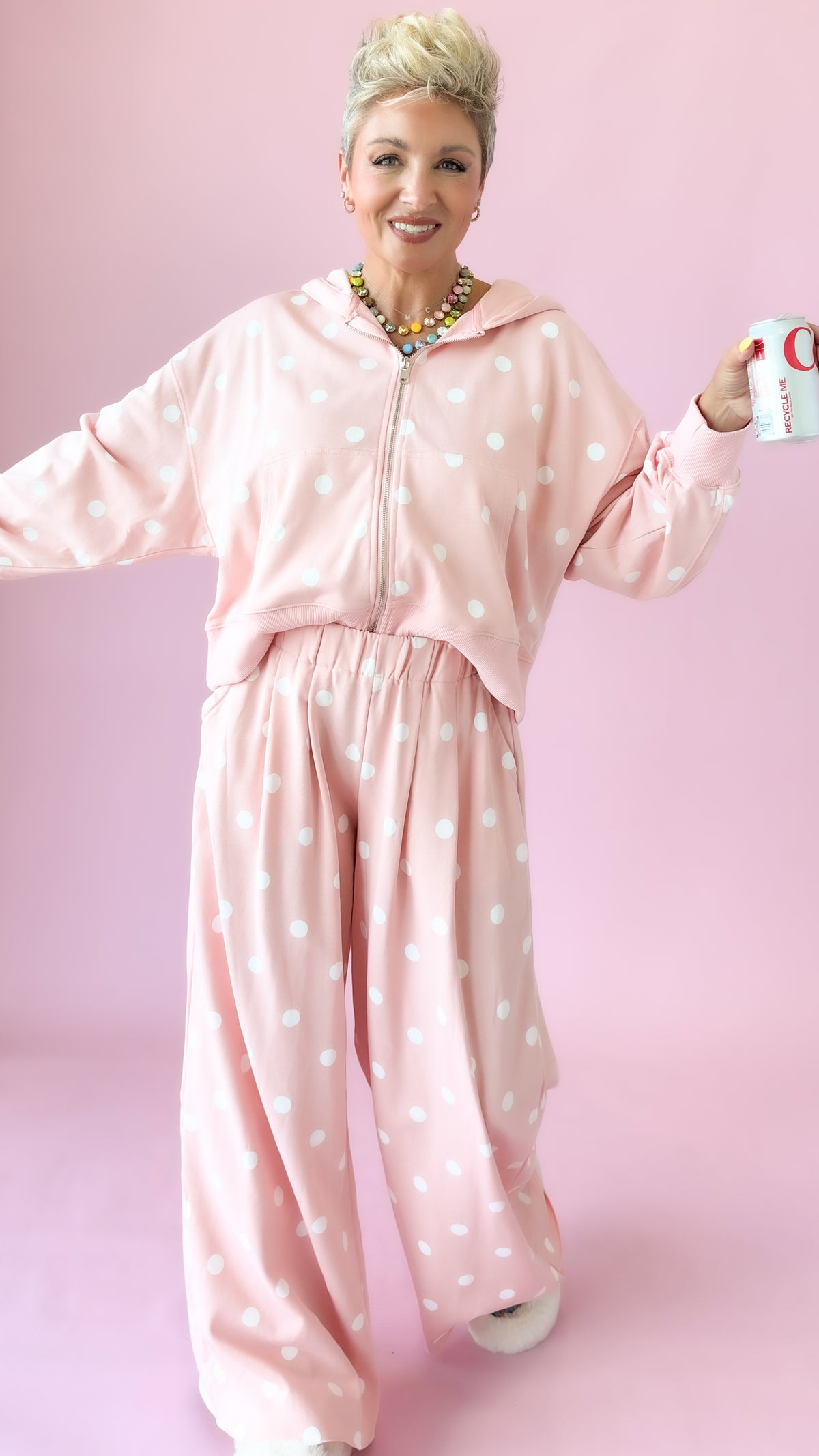 Polka Dot Elastic Waist Pants/Pink