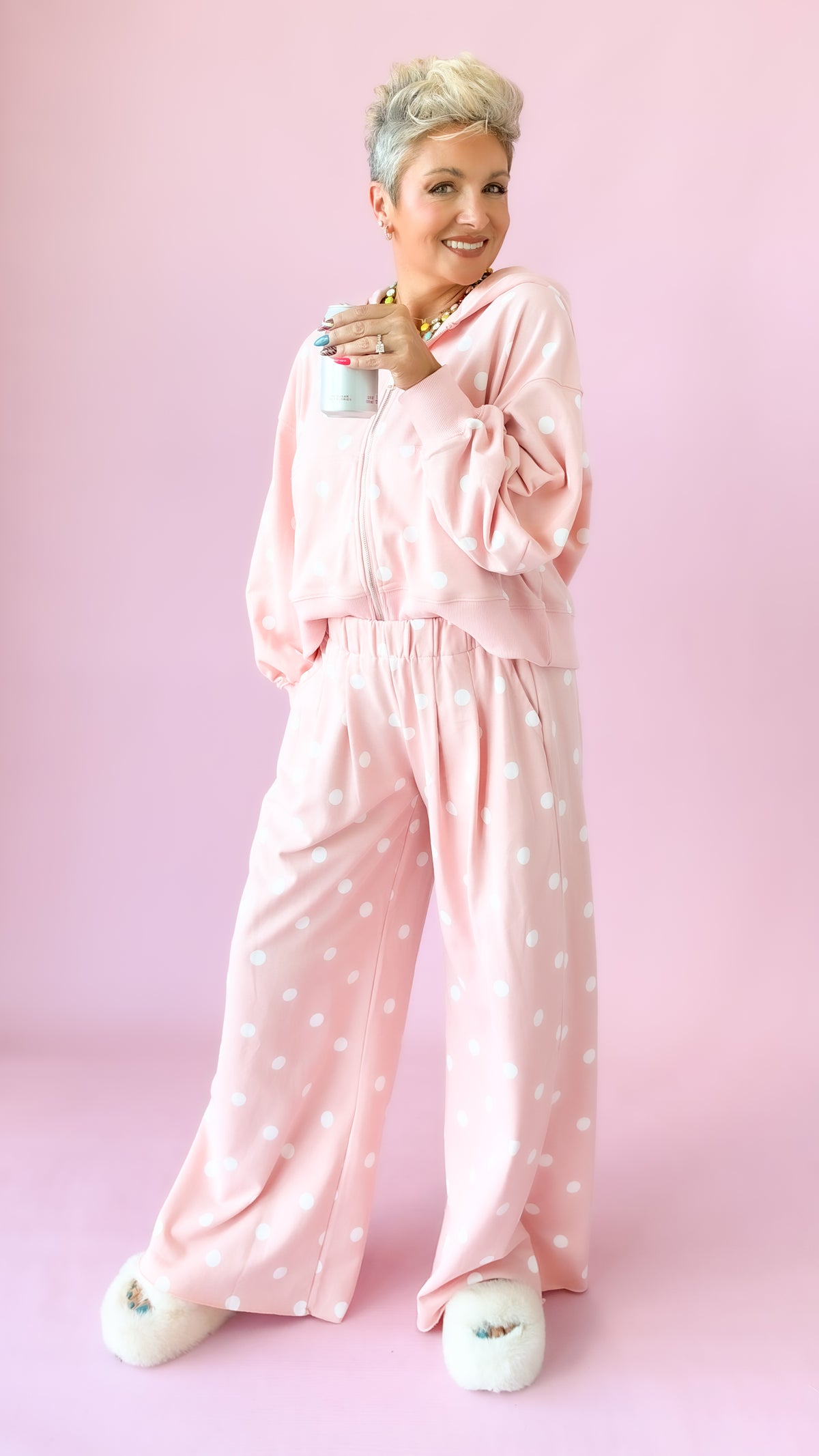 Polka Dot Elastic Waist Pants/Pink