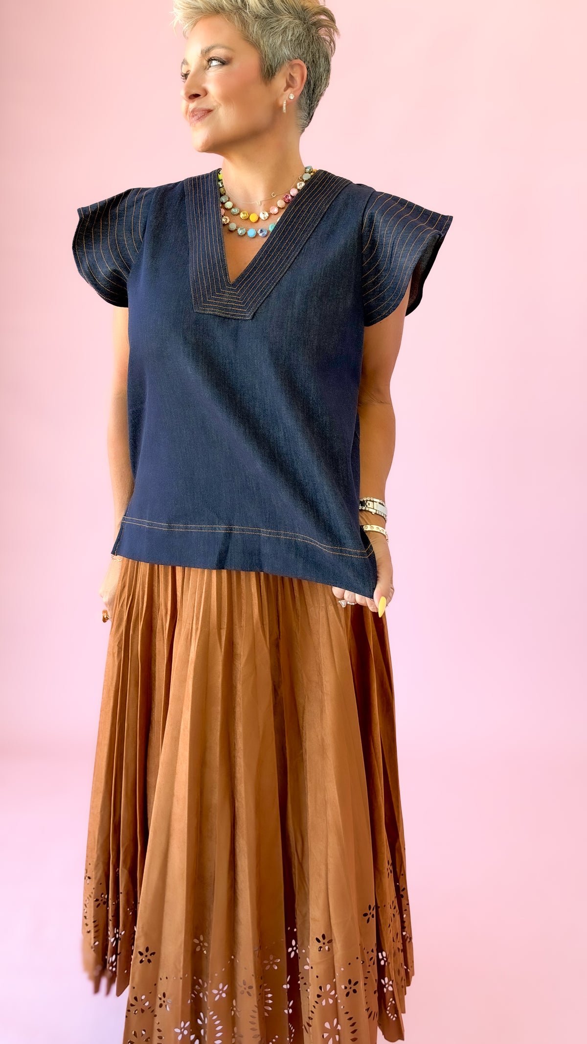 Dahlia Flutter Top/Denim