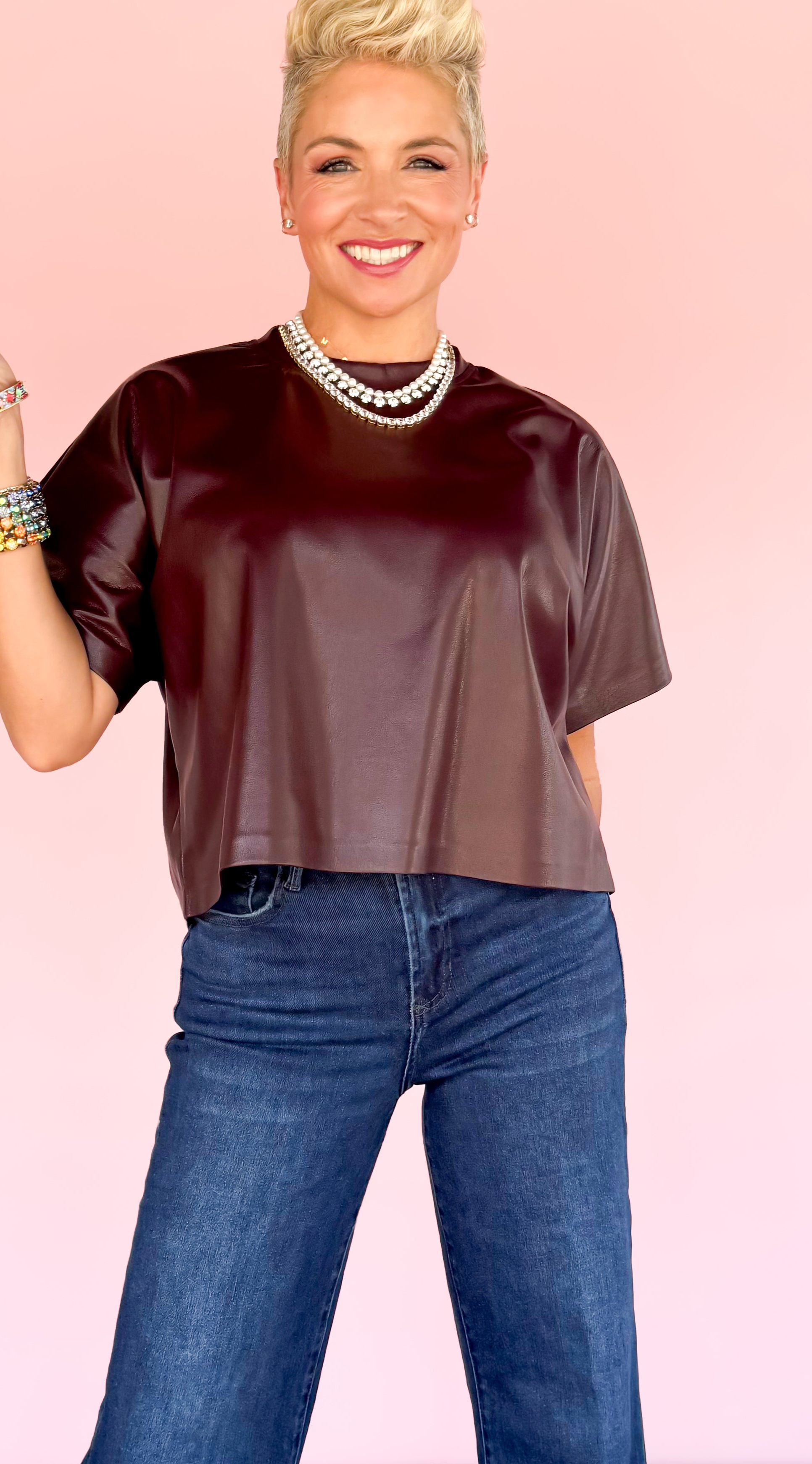 Faux Leather T-Shirt/Maroon