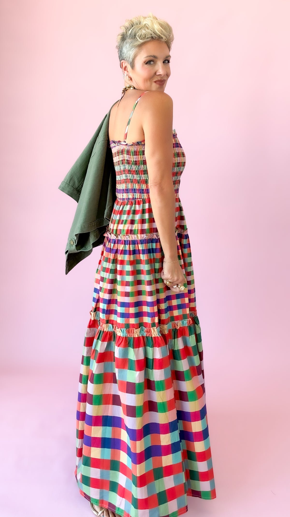 Gingham Tiered Maxi Dress/Multi