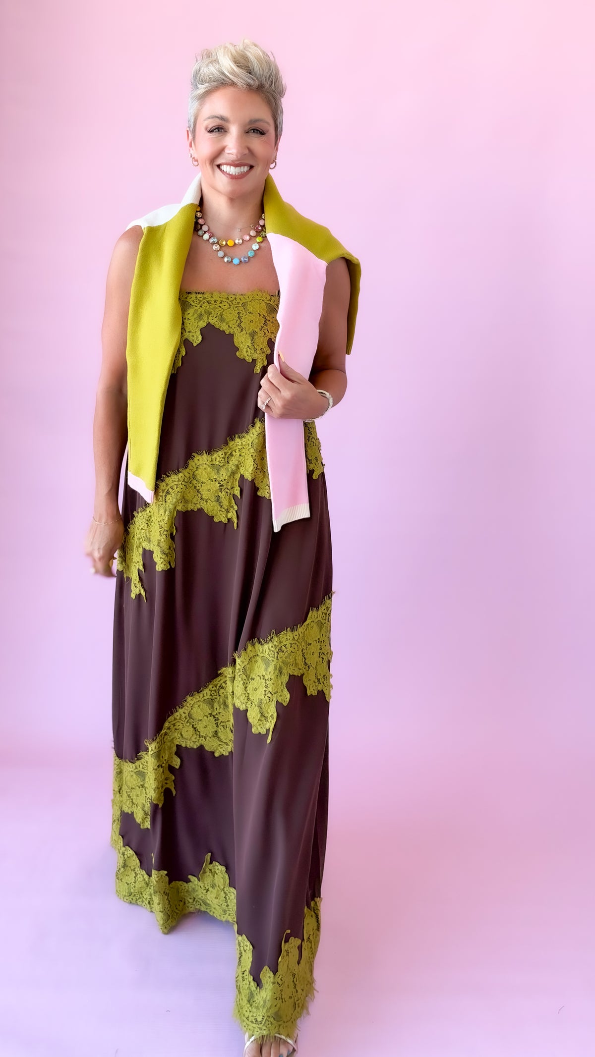 Lace Tiered Maxi Dress/Brown