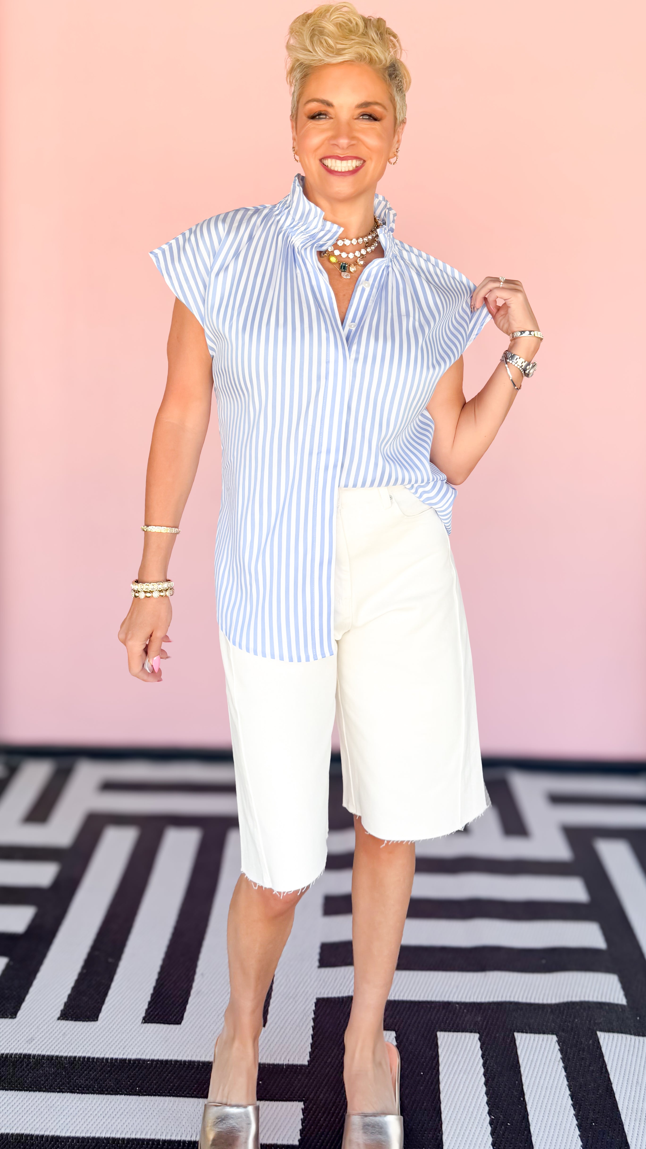 Small Ruffle Collar Striped Top - The BLVD