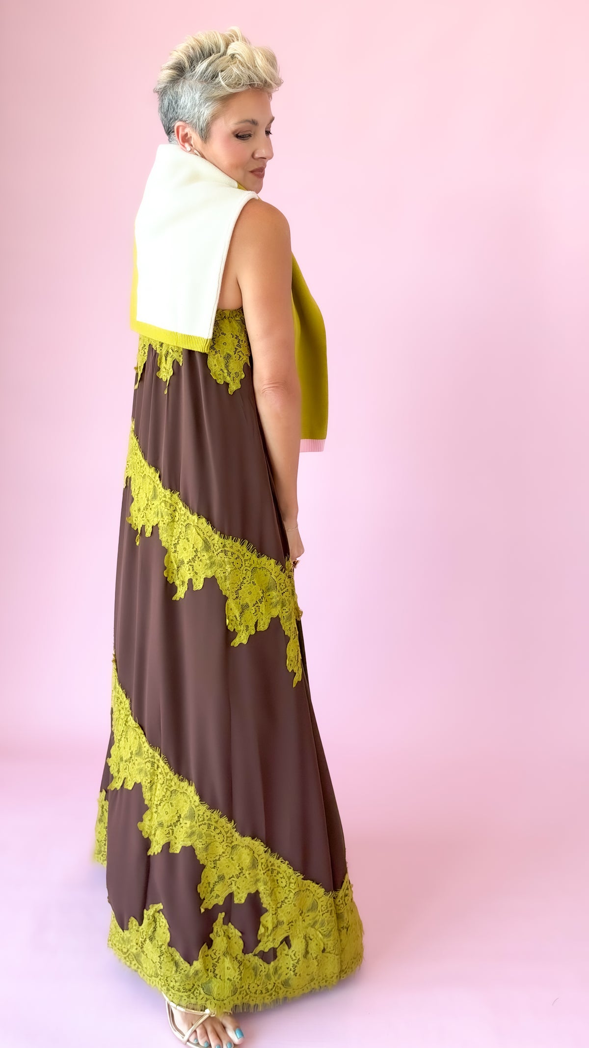 Lace Tiered Maxi Dress/Brown