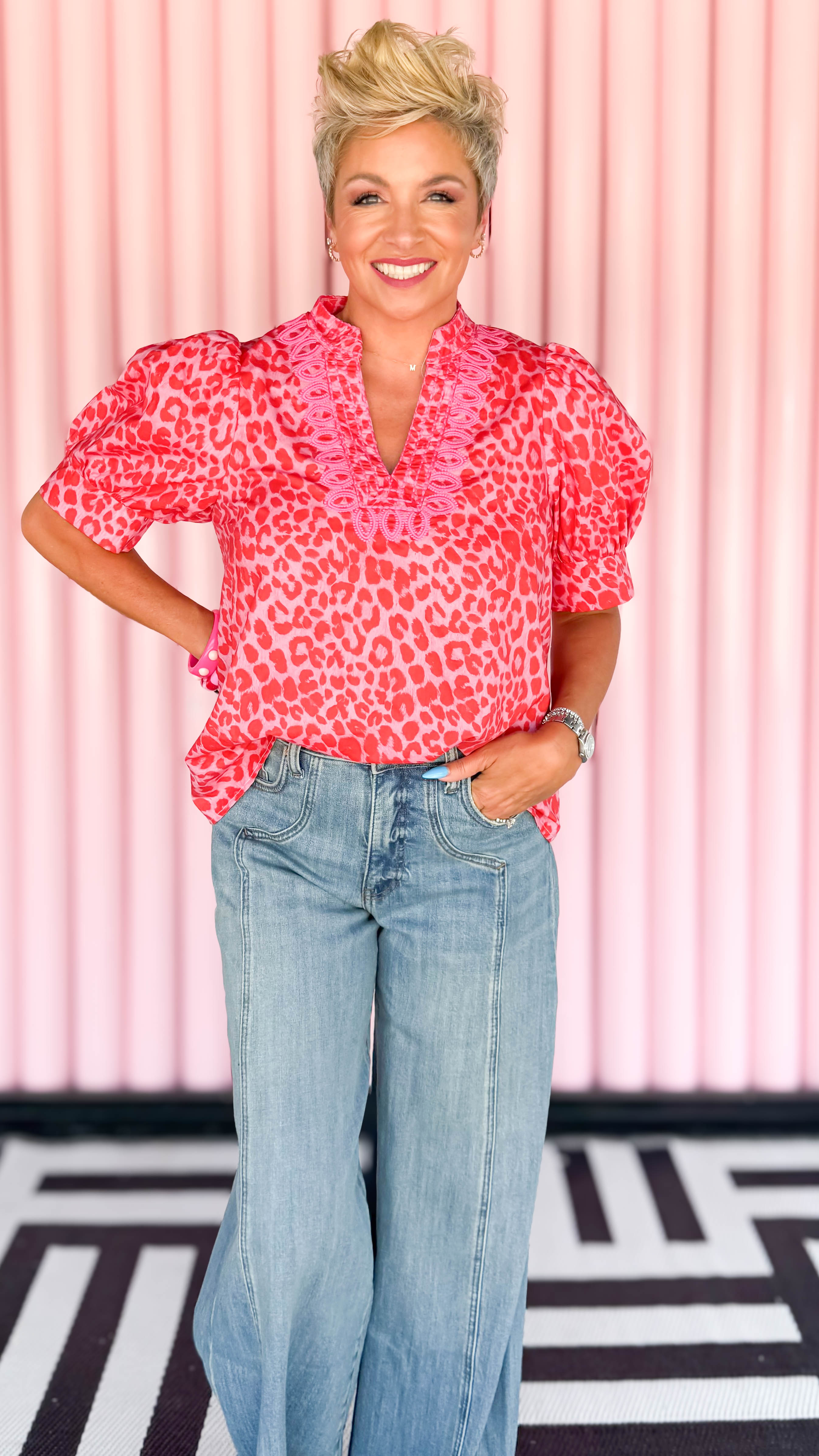 Leopard Print Puff Sleeve Blouse/Pink