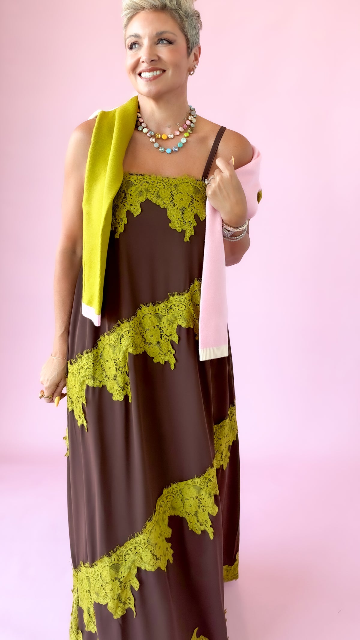 Lace Tiered Maxi Dress/Brown