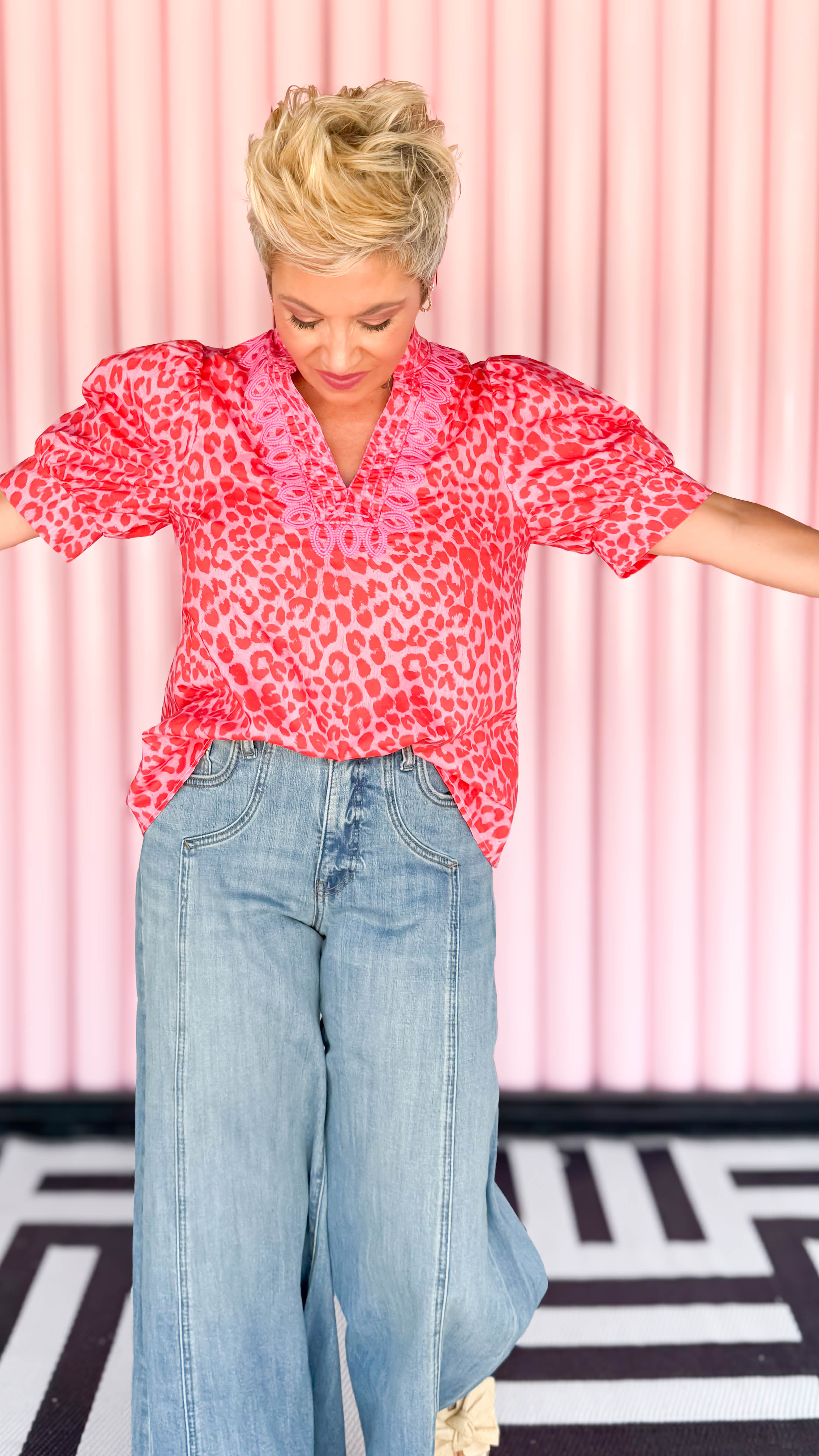 Leopard Print Puff Sleeve Blouse/Pink