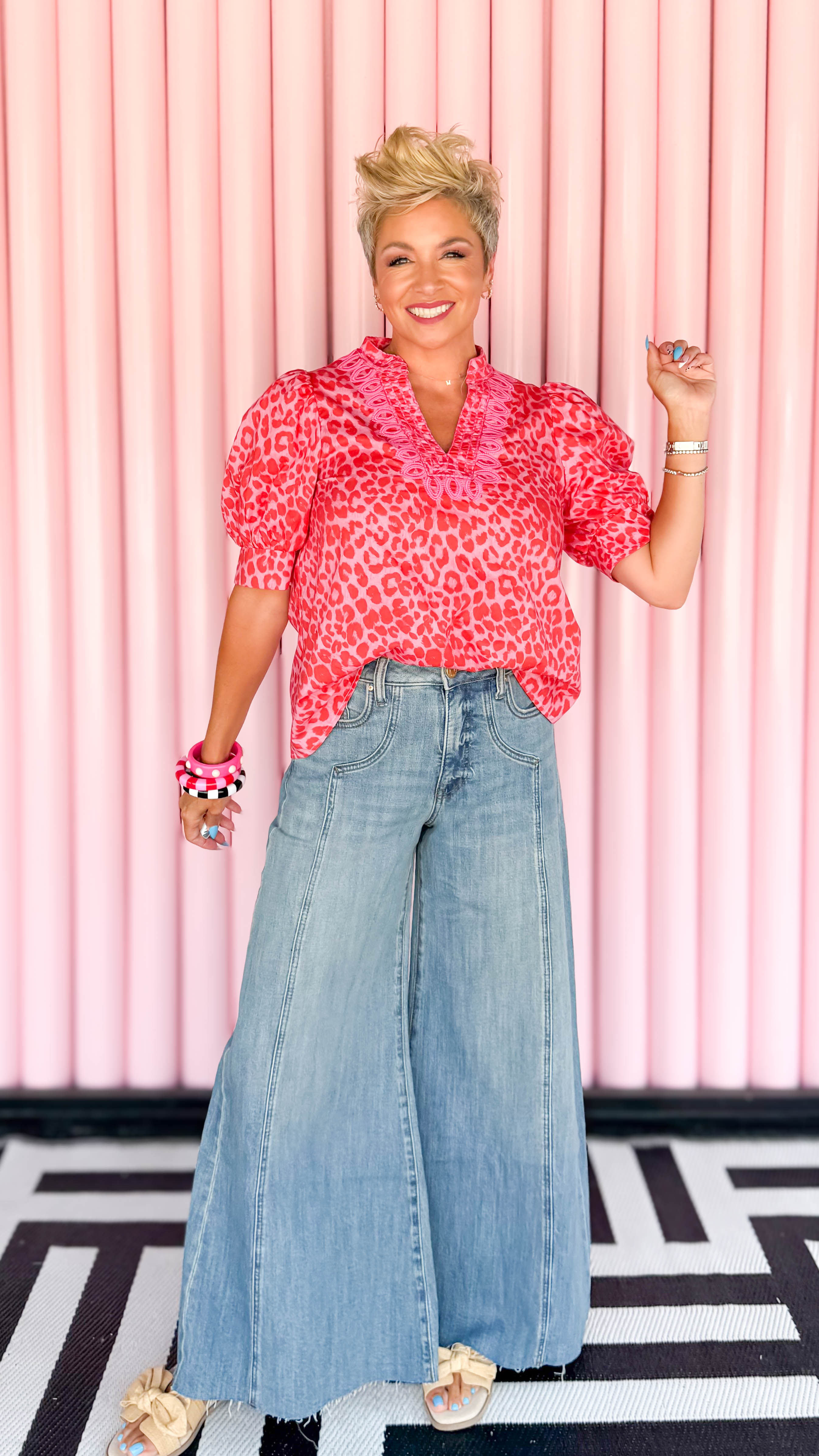 Leopard Print Puff Sleeve Blouse/Pink